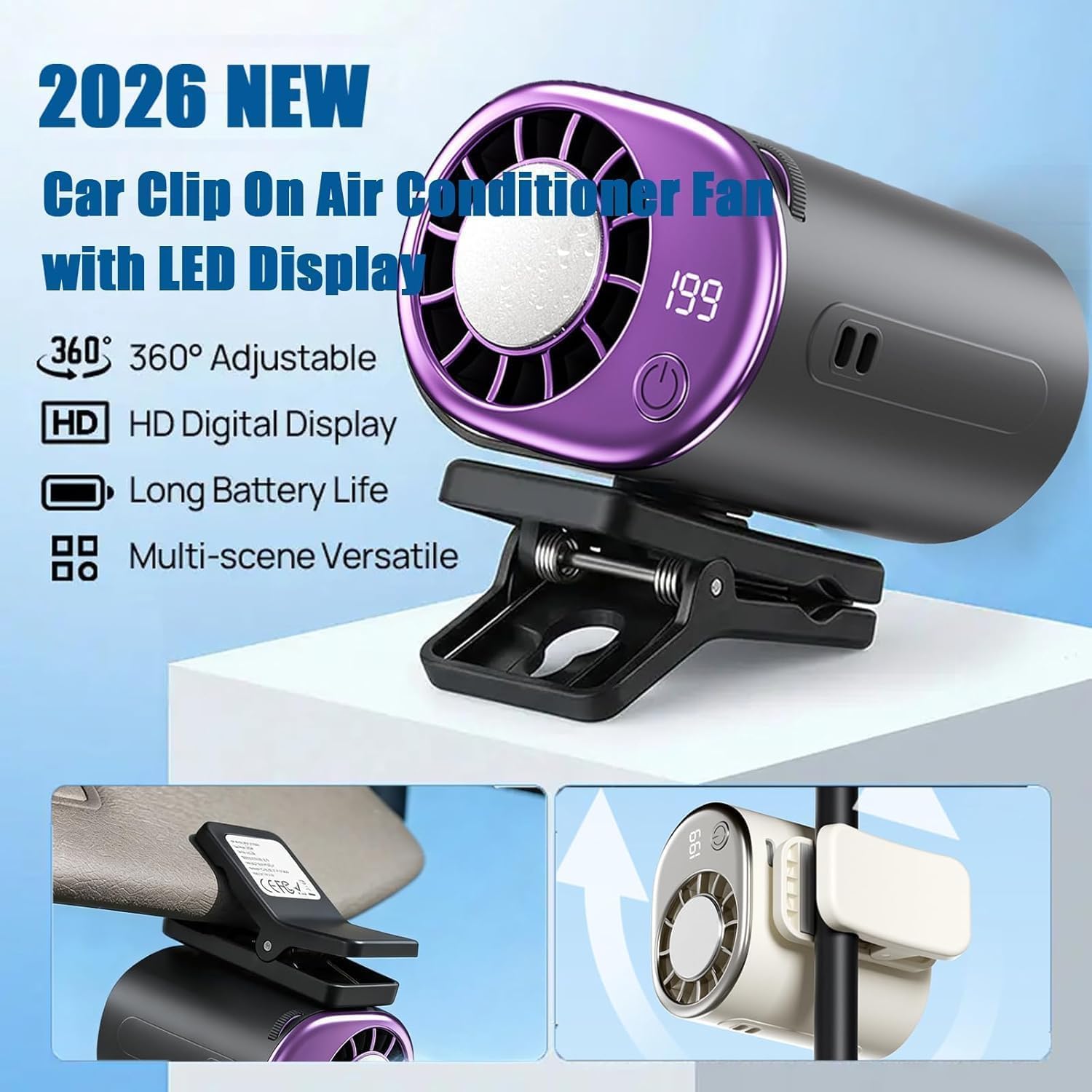 Ventilatore per condizionatore d'aria per auto, con display a LED, rotazione a 360°, 199 velocità regolabili, per auto, camion, campeggio, attività all'aperto (bianco)
