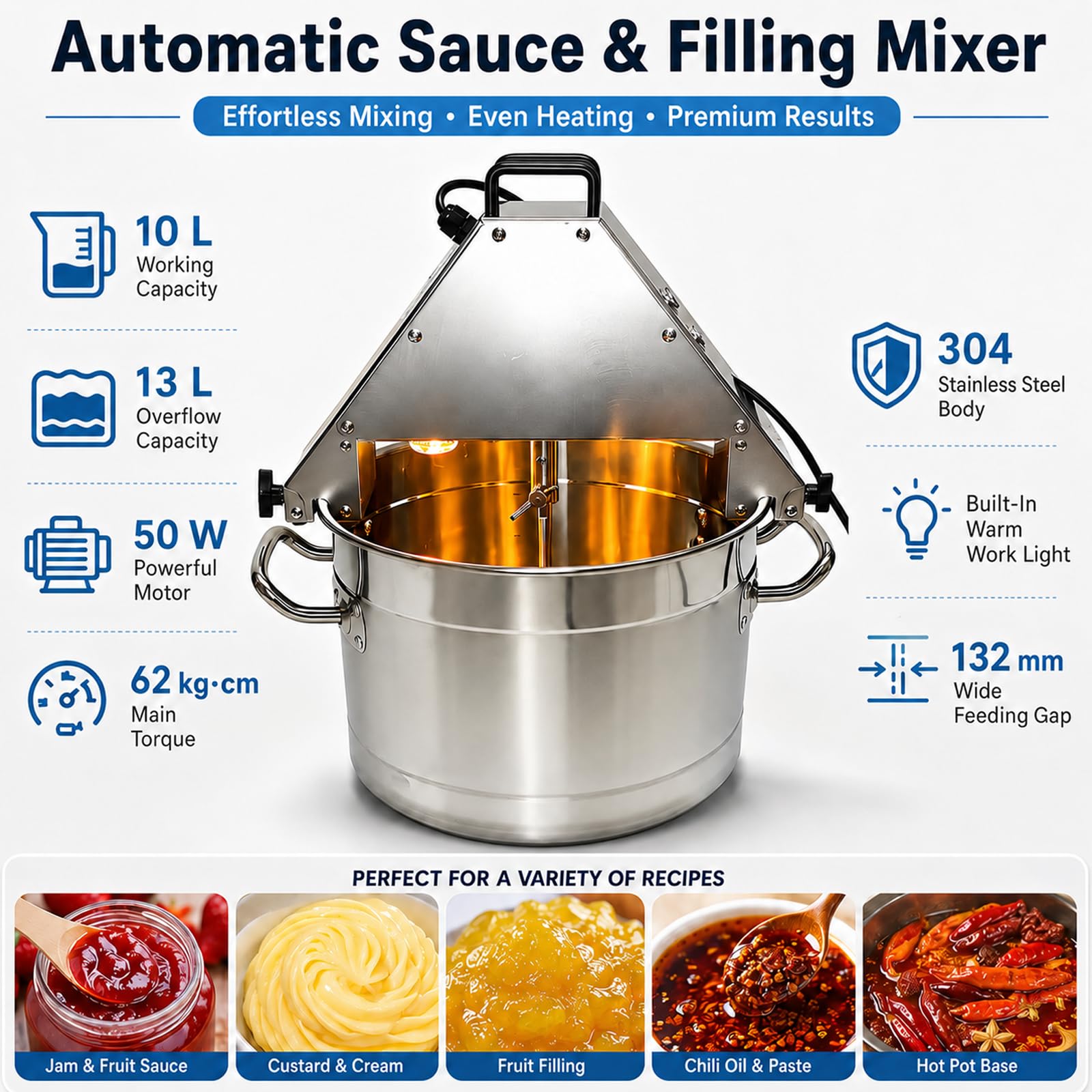 Máquina mezcladora automática de salsa y llenado de 10 L, olla de acero inoxidable, agitador eléctrico de 50 W, con luz de trabajo, para mermelada, caramelo, aceite de chile