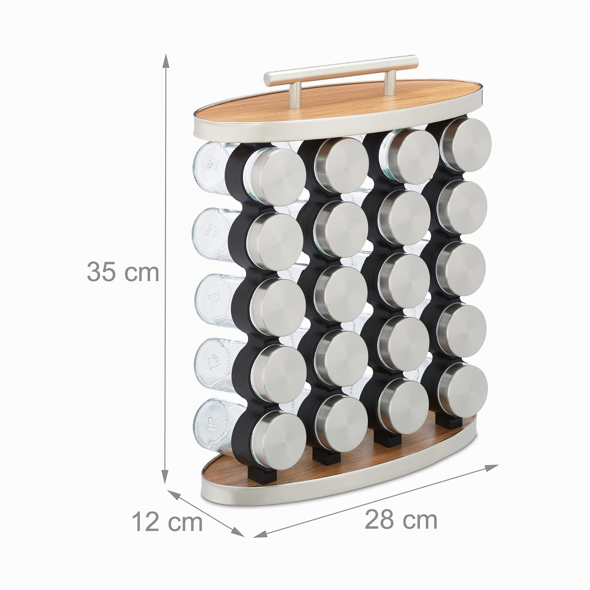 Relaxdays Portaspezie da Cucina, 20 Barattoli in Vetro, Inserto Spargispezie, Manico, HLP: 35x28x12 cm, Argento Natura
