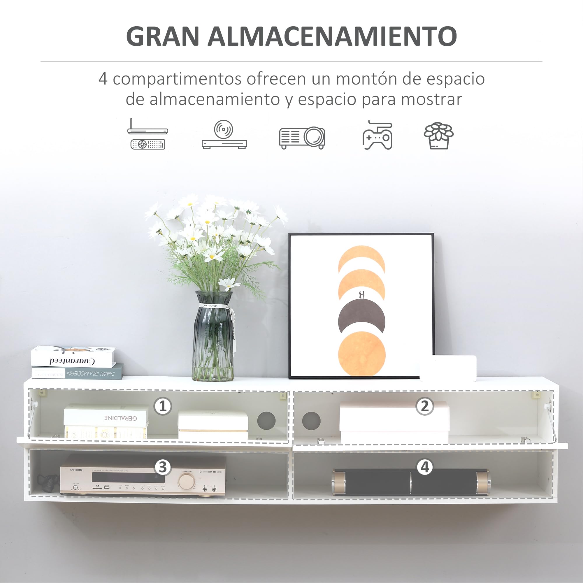 HOMCOM Mueble de TV Suspendido para 60" 140x32x31 cm Blanco