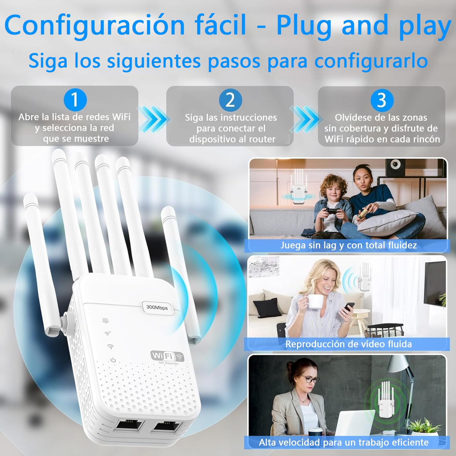 Repetidor WiFi Largo Alcance, Amplificador Señal WiFi, Señal Cobertura hasta 1200 m² para 50 Dispositivos, Extensor de WiFi con 6 Antenas, 2 Puertos Ethernet, Compatible con Todos los Routers — view 6