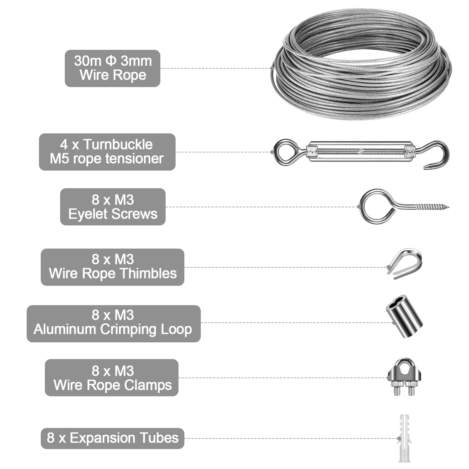 Kit de cables de acero inoxidable 30m Φ 3mm, cable recubierto PVC con tensor M5 para plantas trepadoras