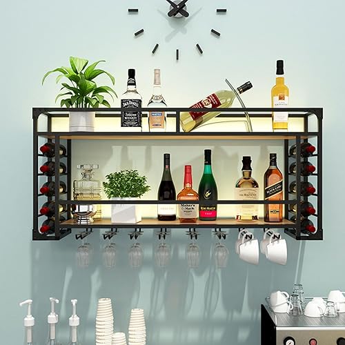 Miniatura 8 de Estantes para vino montado en la pared con soporte para copas de vino, estantes de bar, estante de exhibición de botellas de licor con tira LED,
