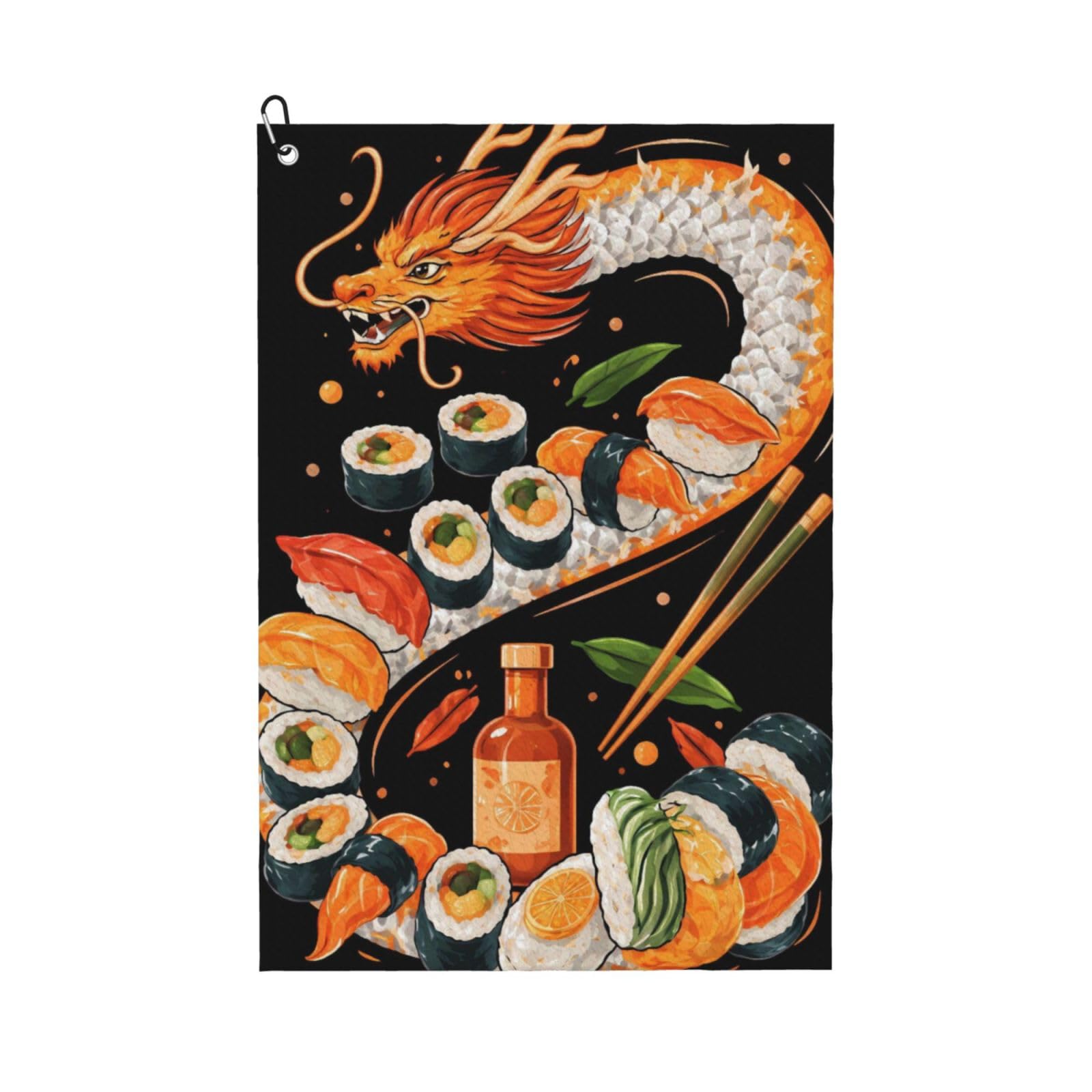 Oudrspo Sushi Dragon Fun Print Multi-Functional Golf Towel | Absorbent Quick Drying 16x24in