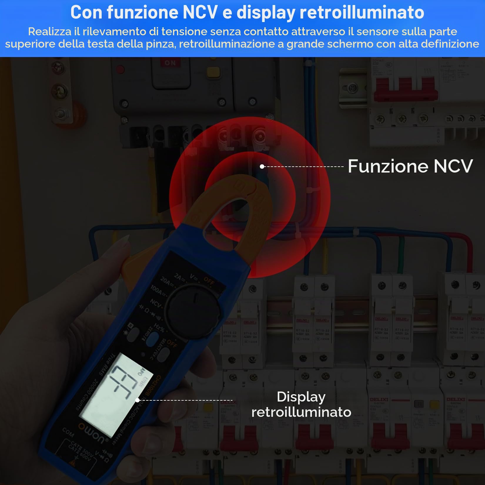 OWON CM2100B Pinza amperometrica Bluetooth 20000 conteggi palmare True RMS 600V 100A AC/DC Test corrente e tensione con protezione da sovraccarico VFC, tester di capacità di resistenza, funzione NCV