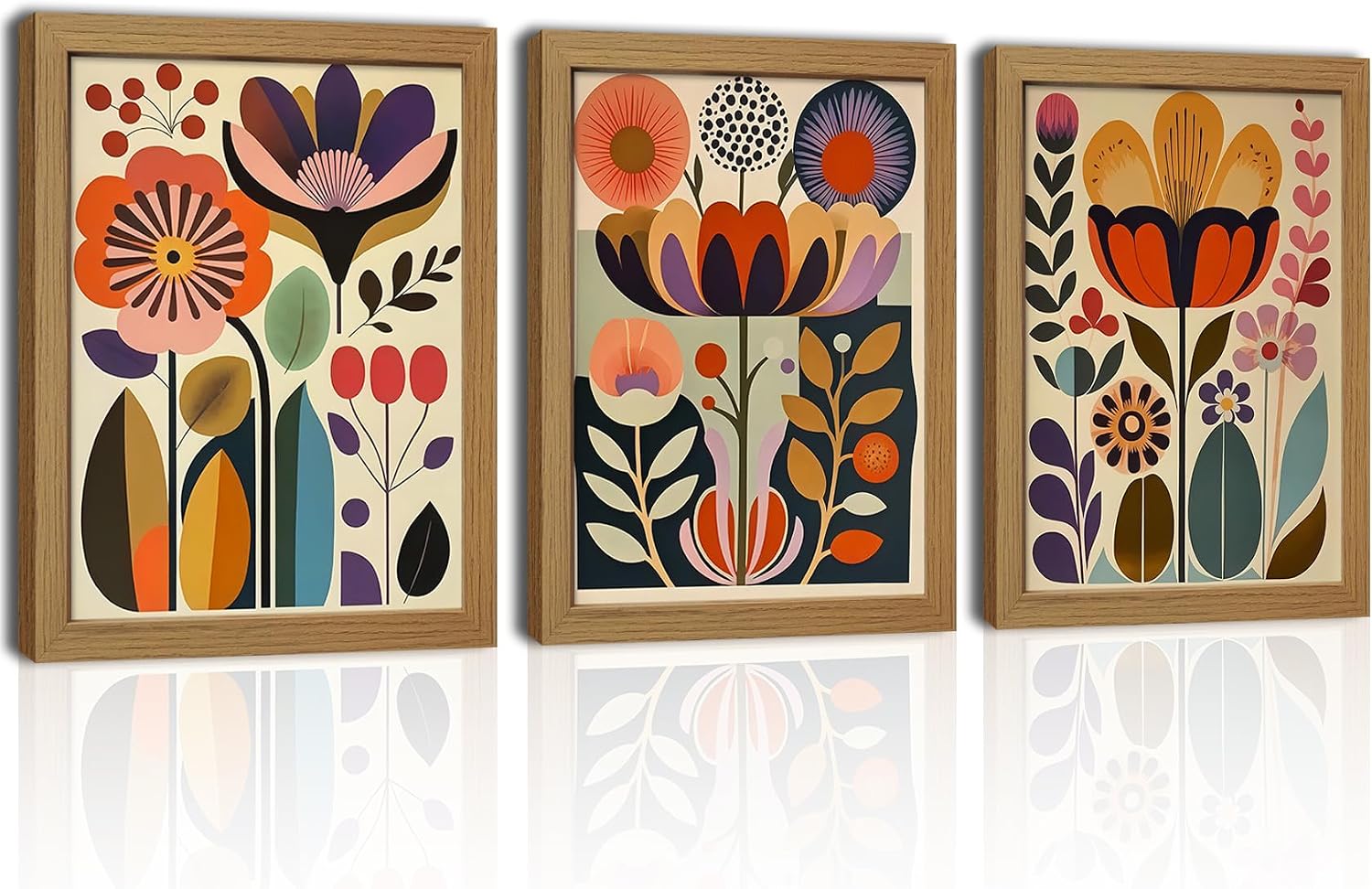 Scvyrk Funny Colorful Flowers Wall Art Set of 3, Wood Framed Canvas 16x24in