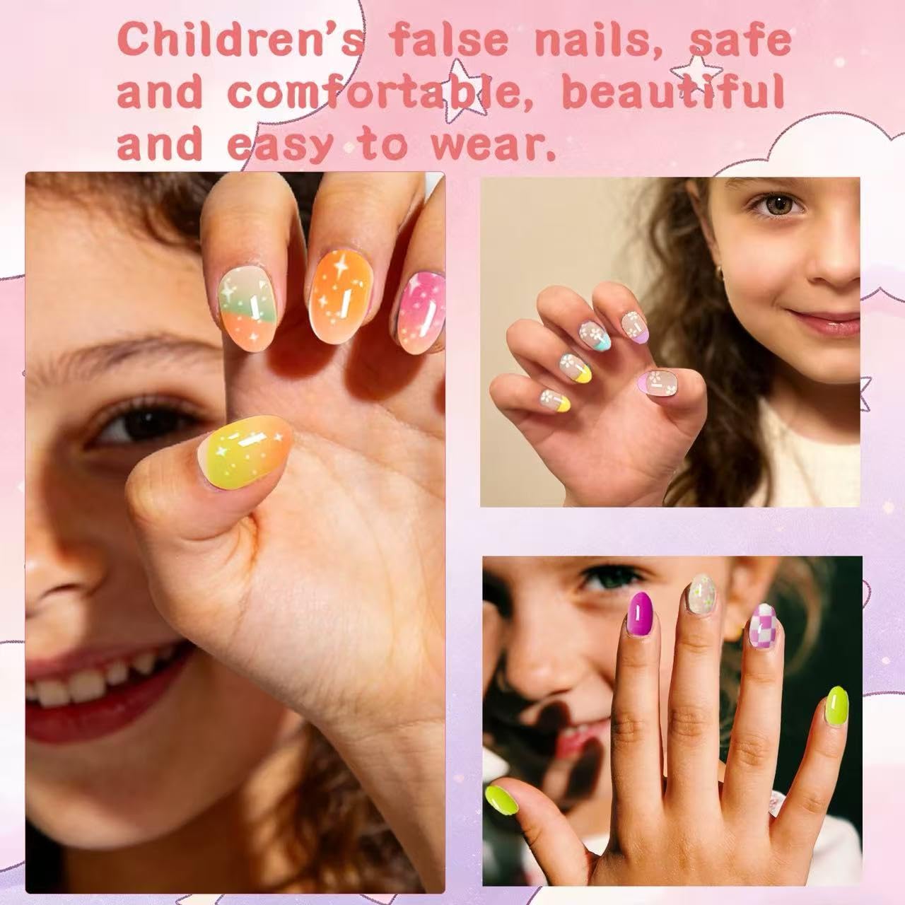 144 Piece Press on Nails for Kids, Ayzrmly 6 Pack Kawaii Children Fake Nails, False Nails Kit Colorful DIY Nail Art Decorations for Girls, with Jelly Nail Glue and Jelly Nail Adhesives Tools