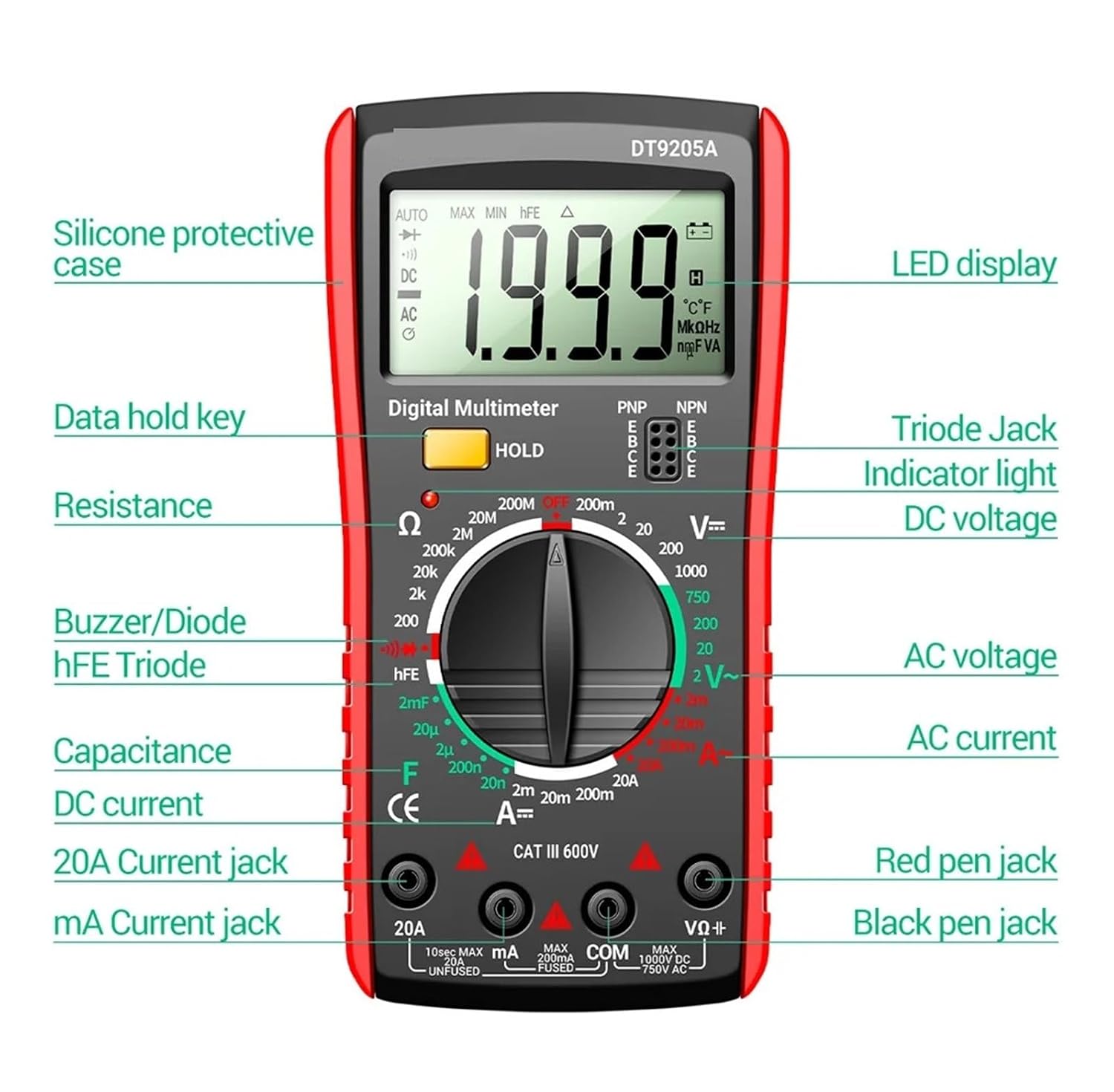 DT9205A Multimeter 1999: Counting Digital Values ​​of AC/DC Current(DT9205A Orange)