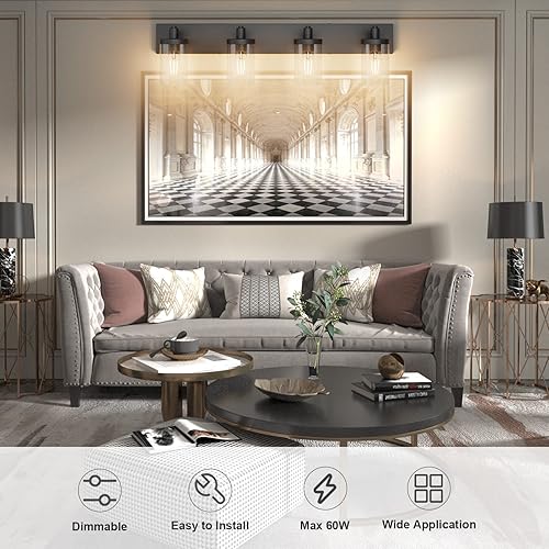 Miniatura 5 de Aipsun Lámpara de tocador de baño, 4 luces, color negro mate, con pantalla de vidrio transparente (no incluye bombilla)