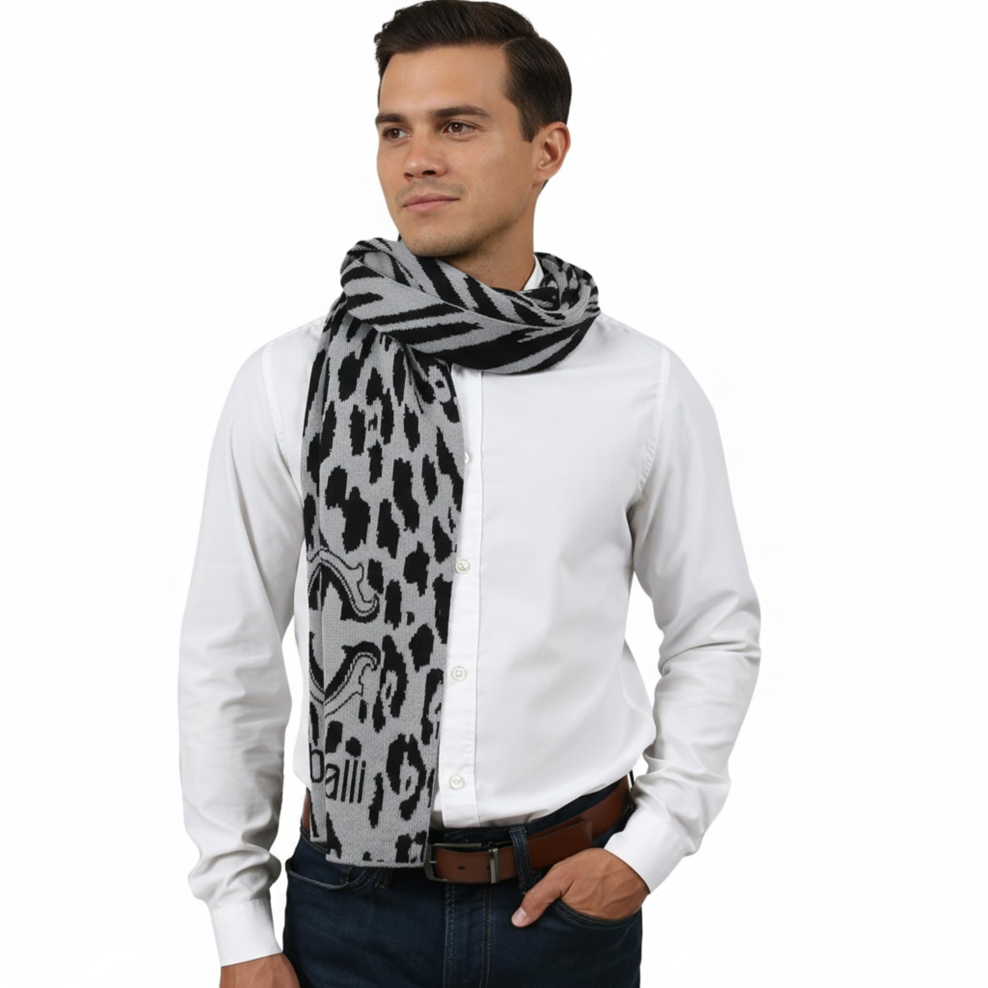 ROBERTO CAVALLI ESZ025 D0060 Grey/Black Leopard Print Mens Scarf