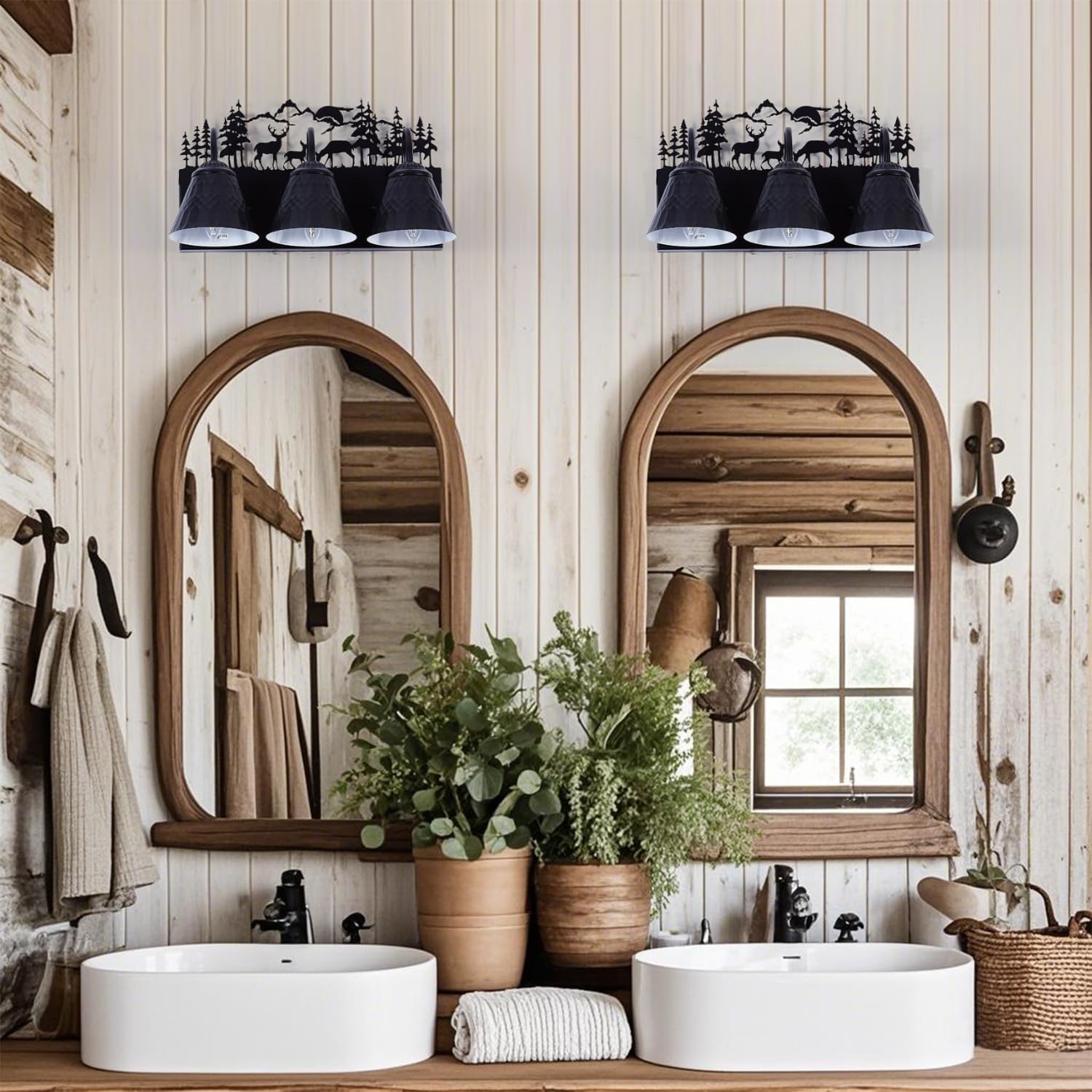 Rustic 3-Light Black Vanity Light Fixtures with Deer Design, E12 Base Farmhouse Bathroom Lighting for Mirror, Cabinet, or Dressing Table (Small, Bulb Not Included)