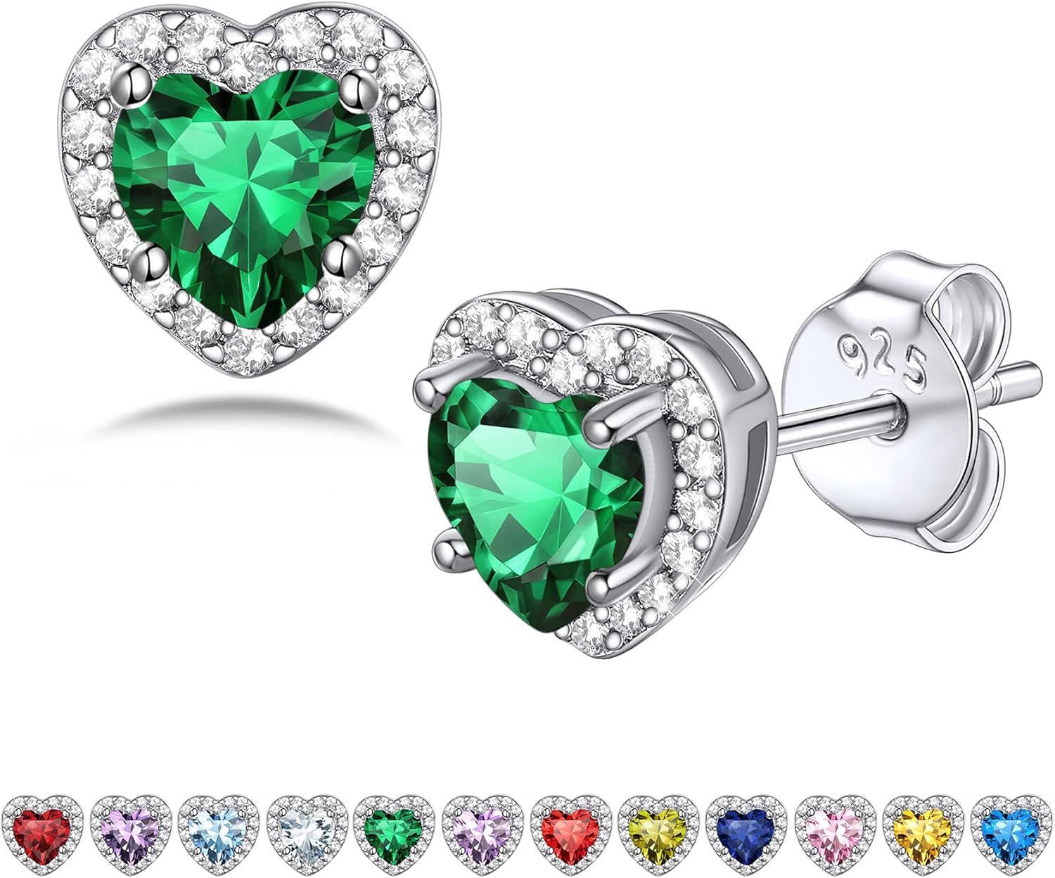 Bestyle Sparkling 925 Sterling Silver Birthstone Stud Earrings for Women, Heart Round Teardrop Square Crystal Solitaire Diamond Studs Halo Earrings,