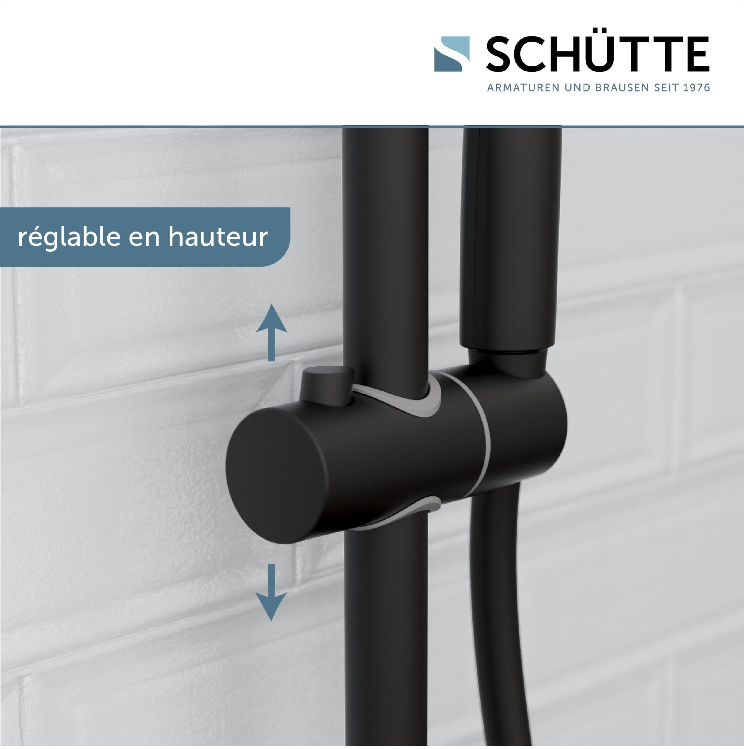 SCHÜTTE RAVEN Barre de Douche et Douchette à Main, Pommeau Avec 3 Positions de Réglage, Kit Avec Colonne, Panneau et Tuyau en Noir
