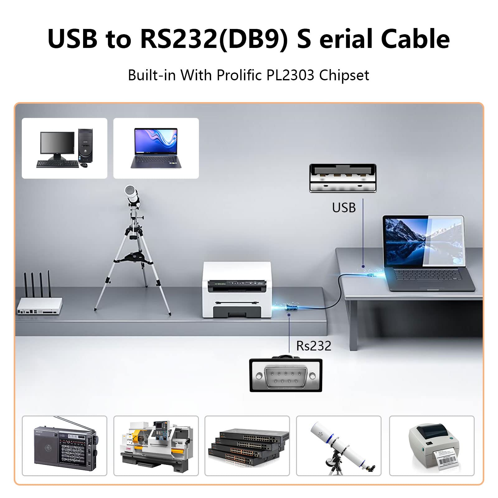 Cable serial USB a R/S/232, USB a R/S-232 macho (9 pines) Cable serial DB9, con chipset PL2303 Adaptador USB a Serie para Windows 11/10/8.1/7/Vista/XP y Mac OS (1,5 M)