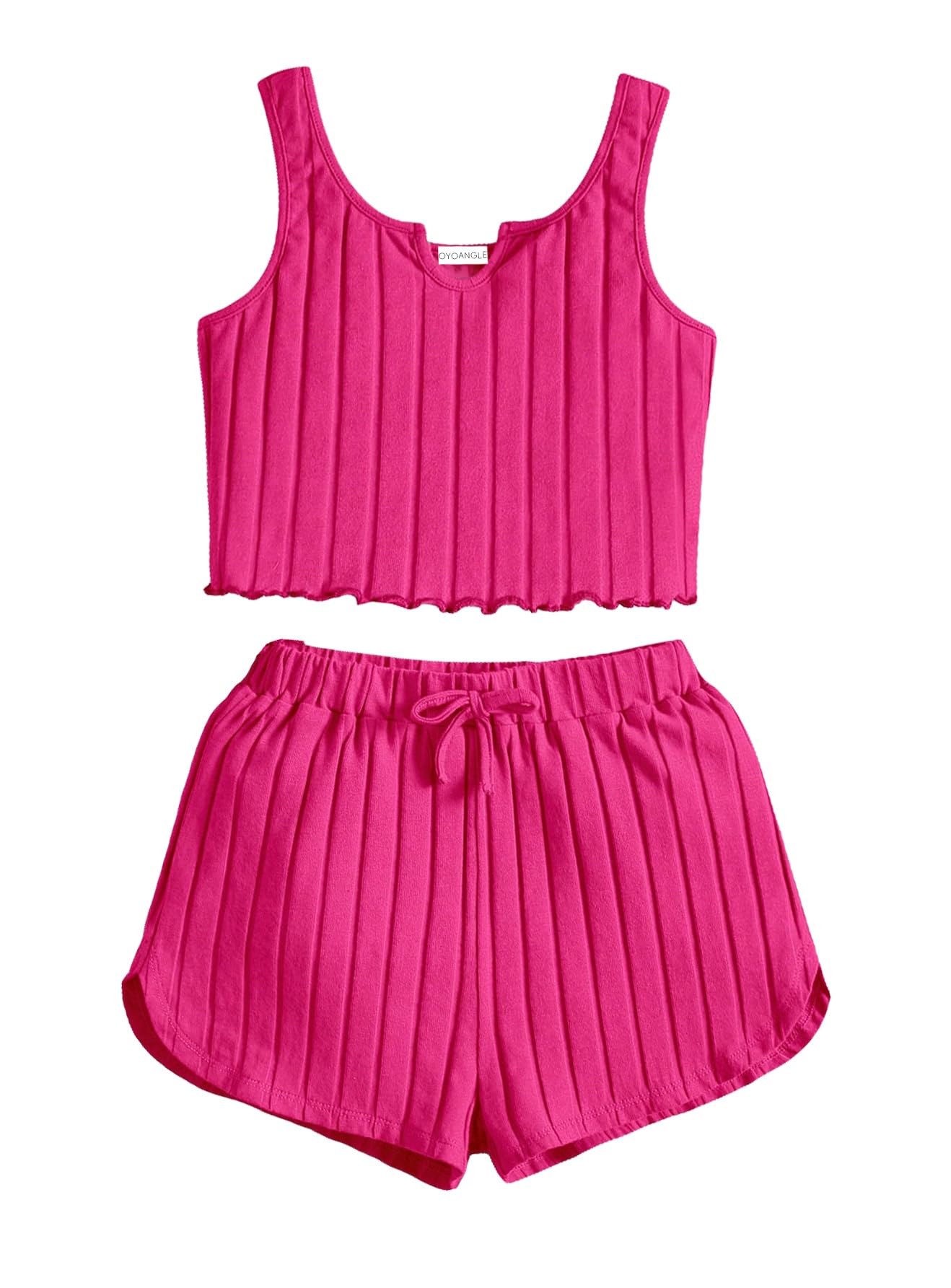 OYOANGLE Girl's 2 Piece Outfits Sleeveless Rib Knit Notched Neck Crop Tank
