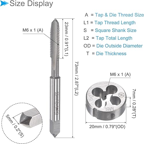 Miniatura 2 de Juego de roscas y troqueles, rosca M6 x 1, rosca izquierda métrica de acero de alta velocidad y kit de herramientas de troquelado redondo