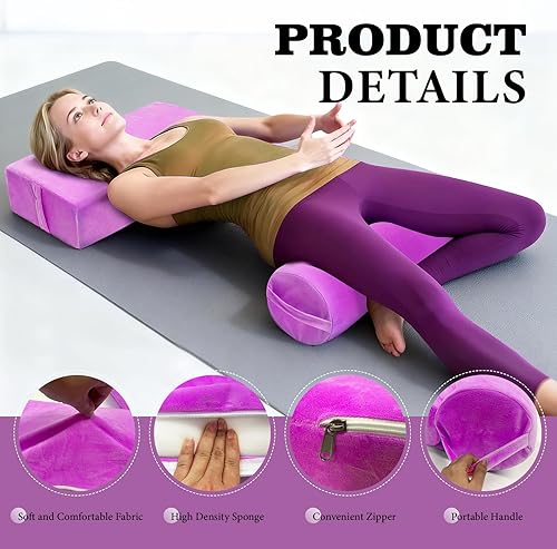 Miniatura 3 de Juego de 2 almohadas de yoga lavables, funda de terciopelo para meditación, con espuma de alta densidad y asa de transporte, cojines rectangulares y