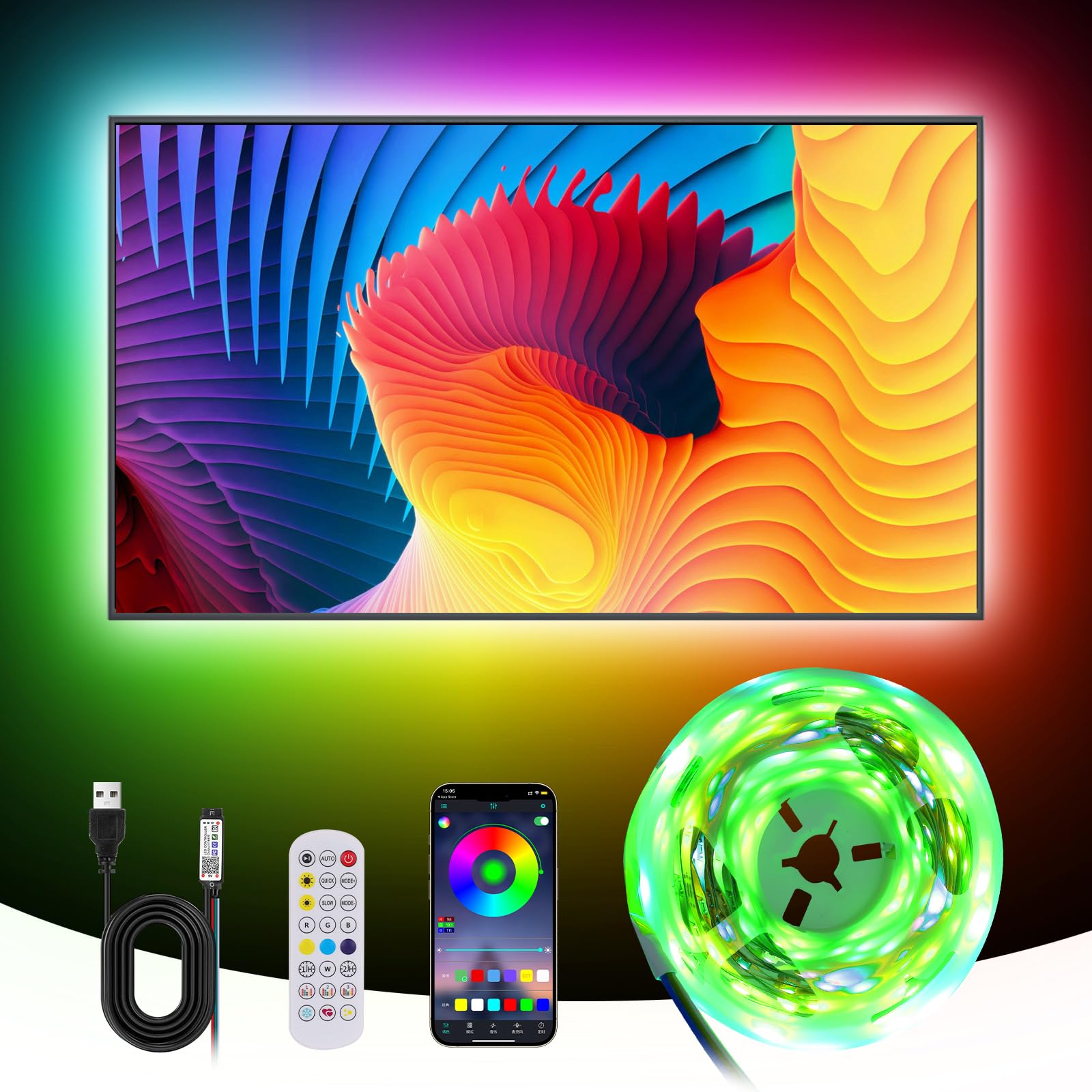Taśma LED RGBIC 5M, podświetlenie telewizora LED dla telewizorów 65 do 75 cali, inteligentne podświetlenie LED, z kontrolą aplikacji i ulepszonym pilotem RF 2.4G, na imprezę dekoracyjną TV