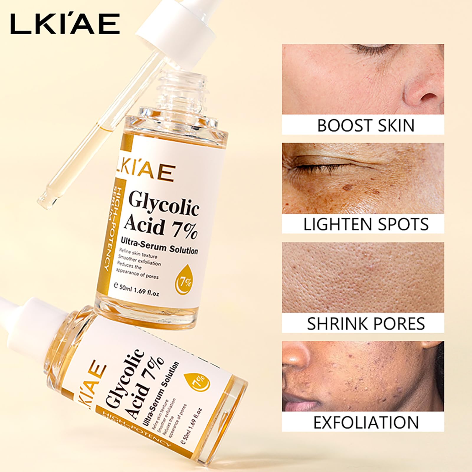 Amazon.com: LKIAE Glycolic Acid 7% Ultra-Serum-Solution, Brightening,  Moisturizing, Reduce Dark Spots, Refne Skin Texture For All Skin Types,  With Glutathione, Vitamin C, 1.69 fl oz (Pack of 1) : Beauty & Personal