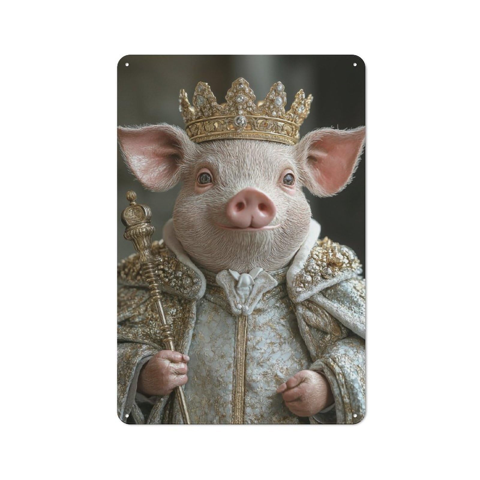 Rustic Tin Wall Sign 30x20cm Featuring Pig King Figurine, Bistro Wall Plaque for Restaurant, Kitchen, Counter Or Breakfast Nook
