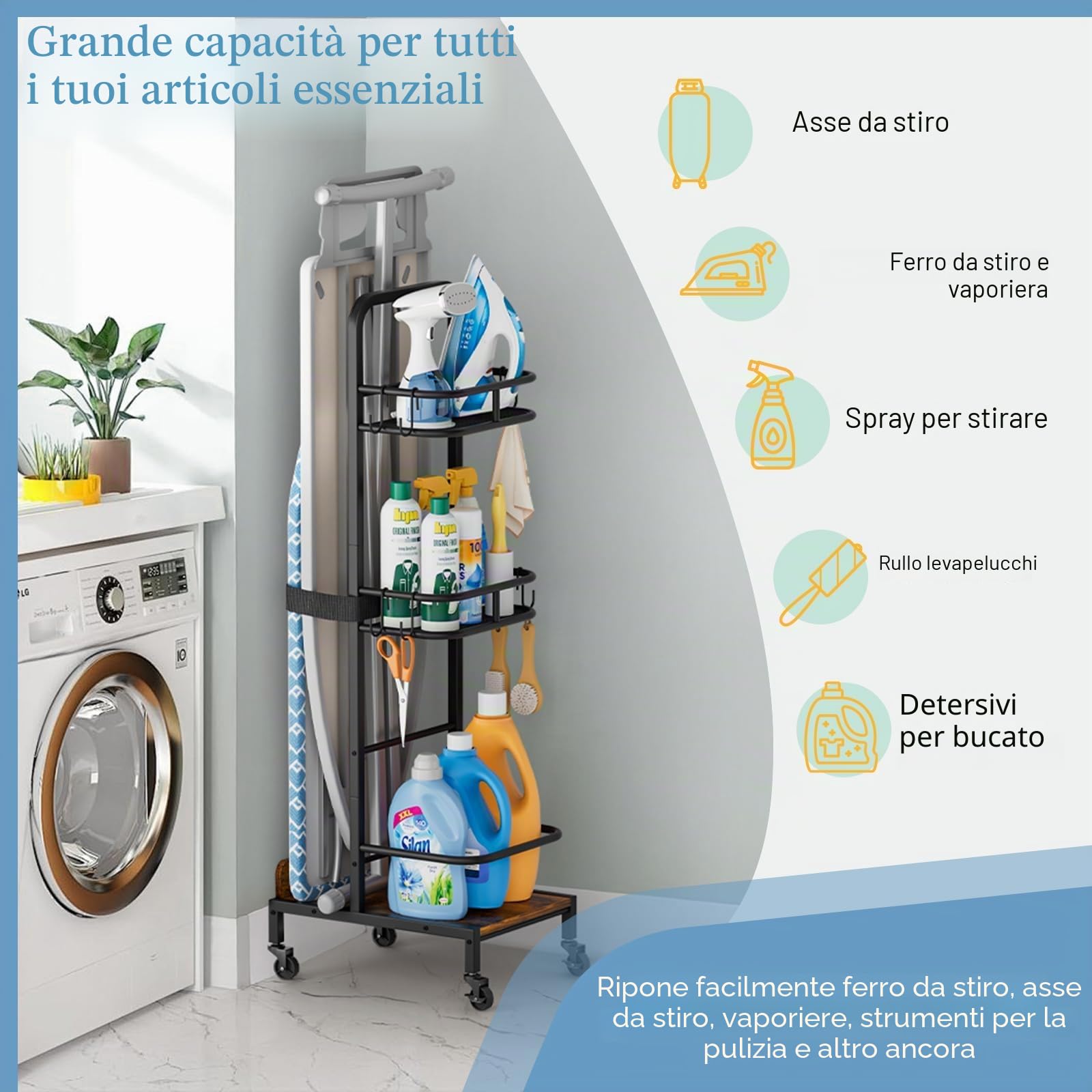Porta Asse Da Stiro, Appendi Asse Da Stiro Da Tavolo, Supporto Tavola Da Stiro Con Carrello Portaoggetti A 3 Livelli Per Accessori Da Lavanderia Per Gli Articoli Essenziali Della Lavanderia