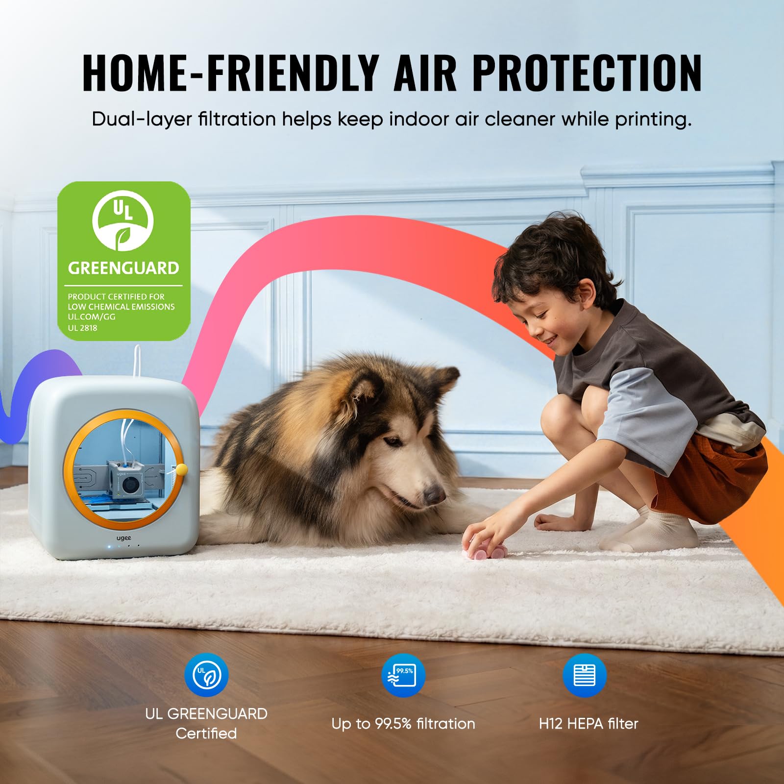 ugee Funbox - Impresora 3D para niños, filtro de aire seguro para el hogar, modelado de voz/fotos IA, impresión de aplicación de un solo toque, antiquemaduras, divertido fabricante educativo para