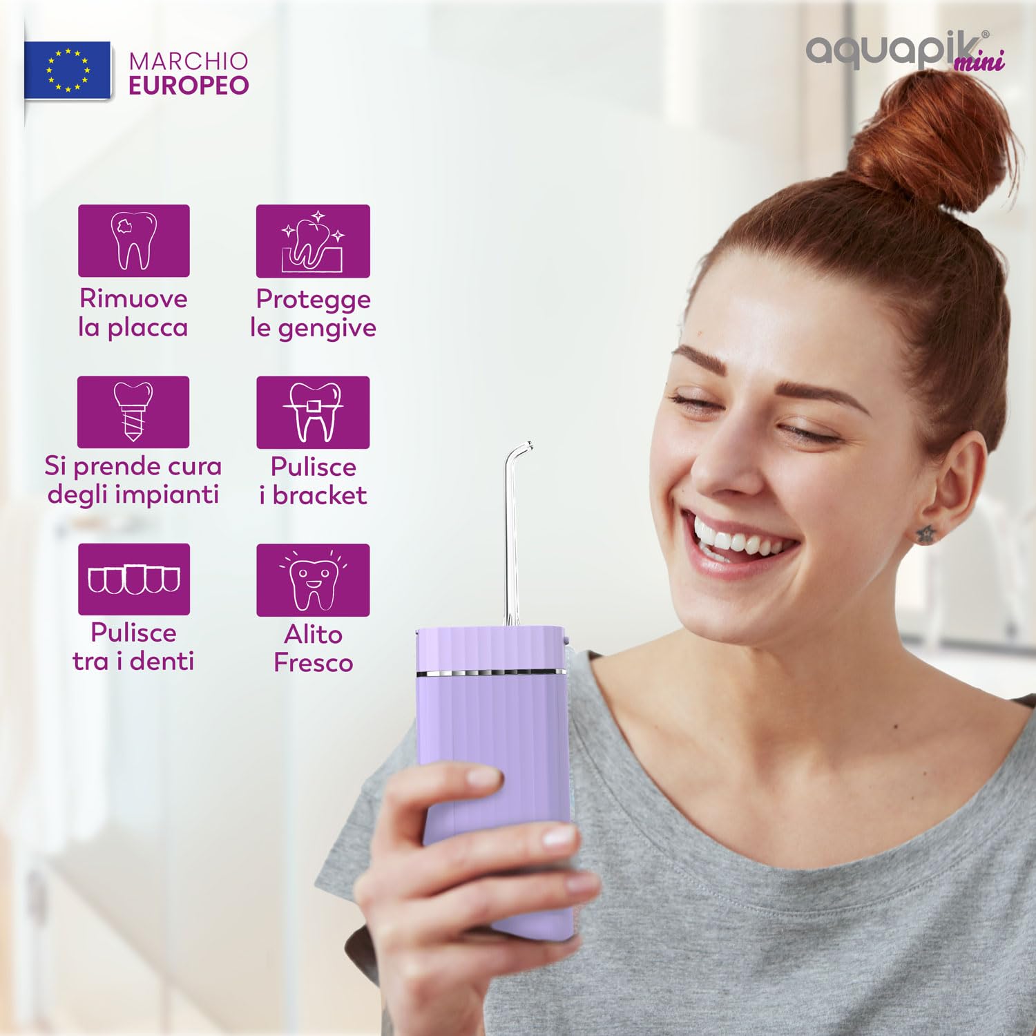 Idropulsore dentale portatile AQmini - 3 modalità, 4 ugelli, serbatoio 200 ml, USB-C, IPX7, compatto per viaggio, ufficio, gengive sensibili