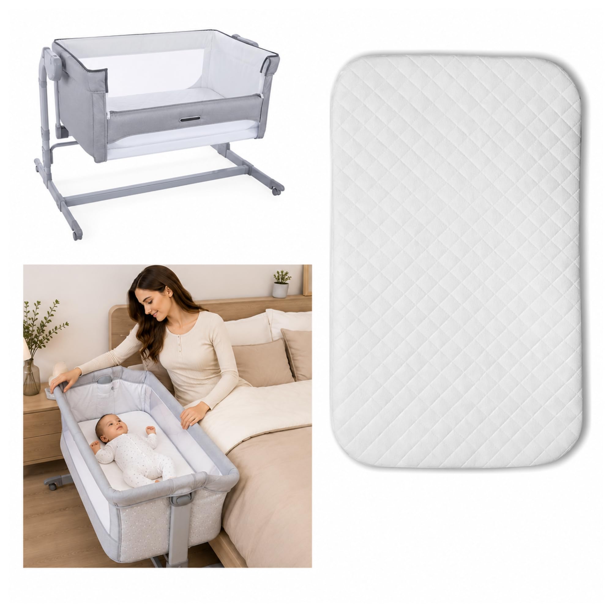 Next 2 Me Compatible Bedside Crib Foam Mattress 83 x 50 x 7.5 cm - Breathable Quilted Washable Cover - Soft Support Foam Replacement Mattress