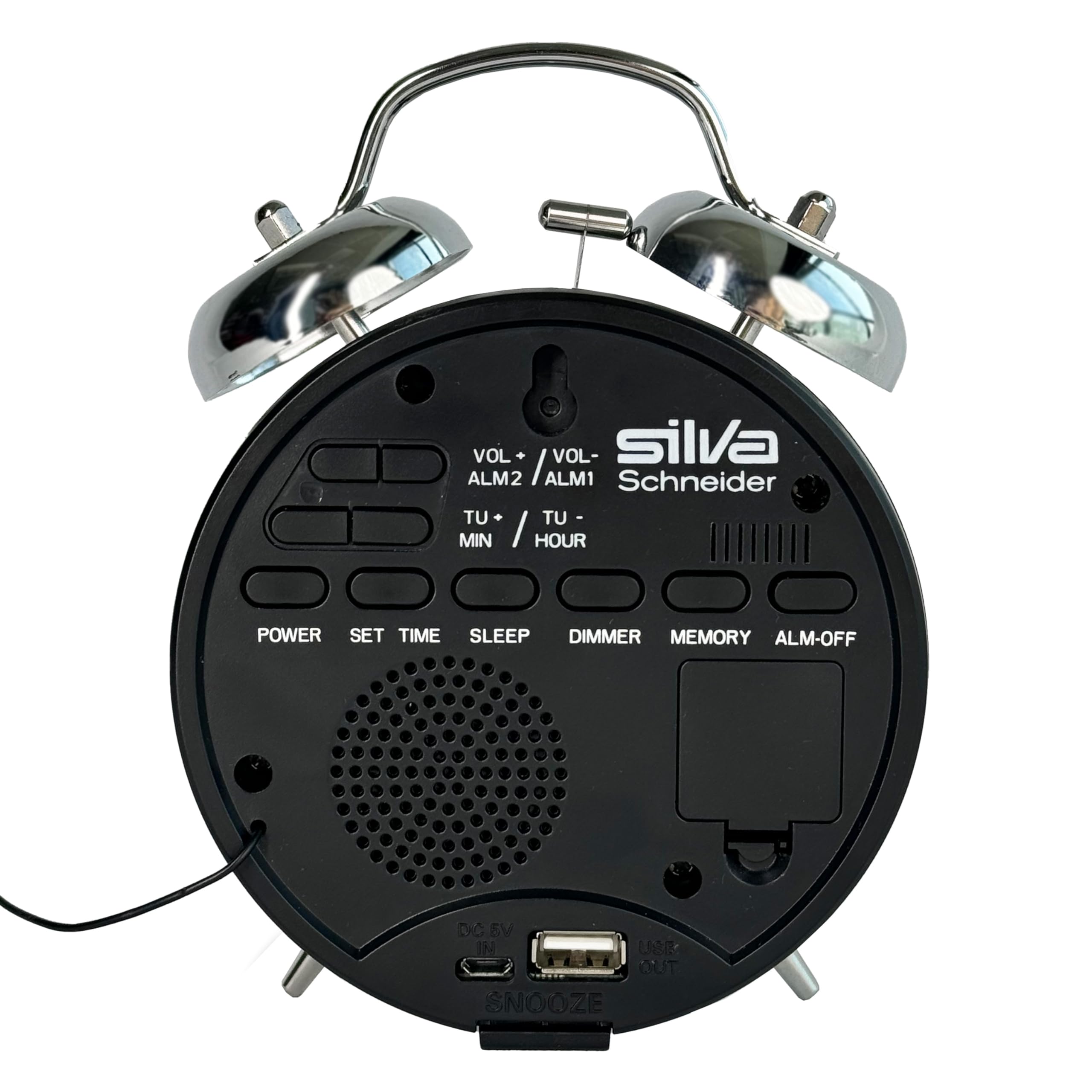 SILVA Schneider URW 240 - Radio de reloj retro con función despertador, doble campana, pantalla regulable, temporizador para dormir, despertador con timbre o radio, cromo