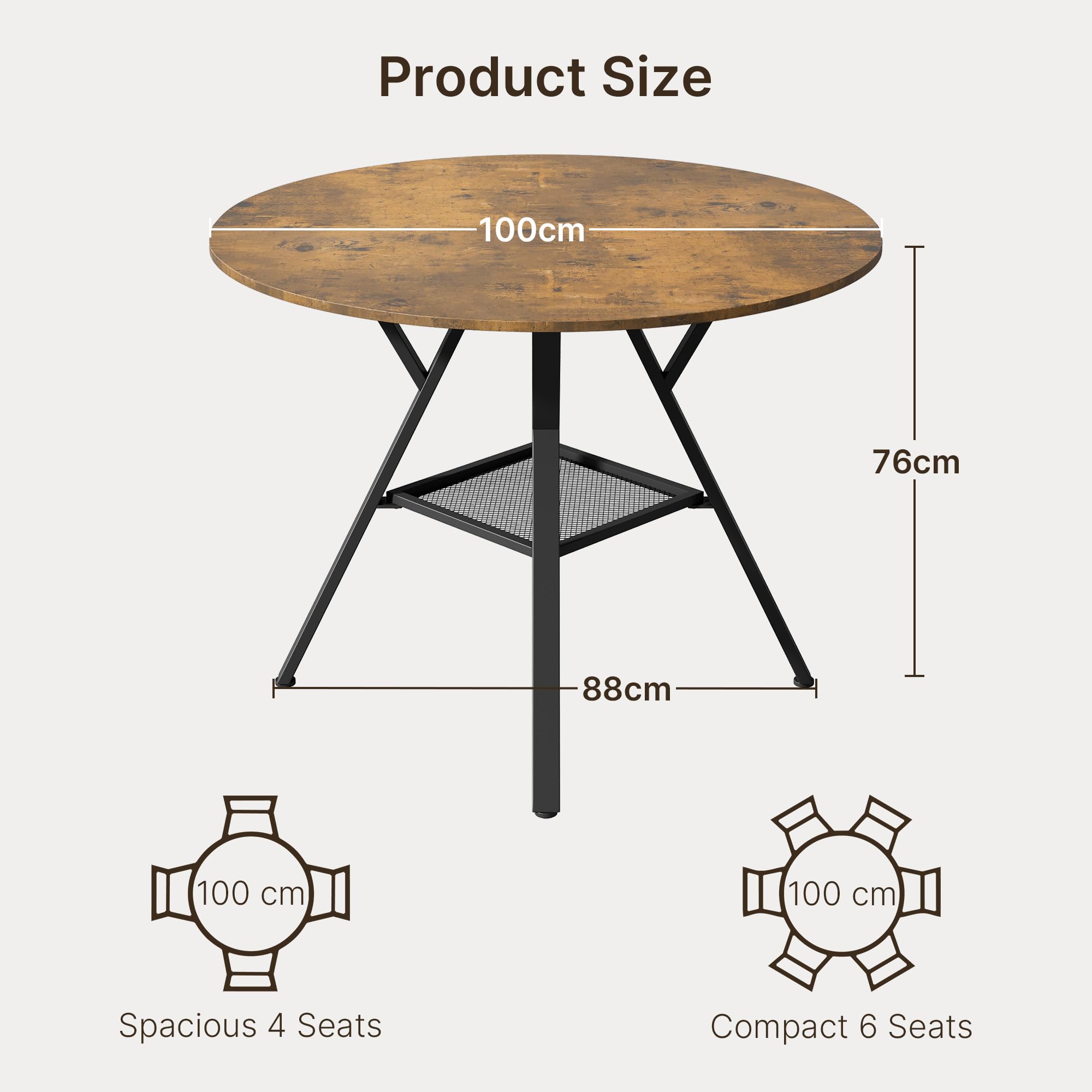 Tavolo da Pranzo Rotondo per 4-6 Persone, Tavolo da Cucina Industriale con Ripiano a Rete, Tavolo in Legno Salvaspazio per Sala da Pranzo e Cucina (Retrò, 100cm)