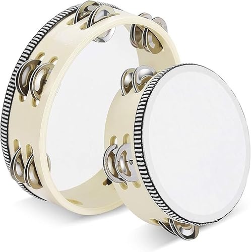 Miniatura 96 de Flexzion Pandereta redonda de madera para niños y adultos de 10 pulgadas de una sola fila, 8 pares de jingles, instrumento de percusión de mano rojo