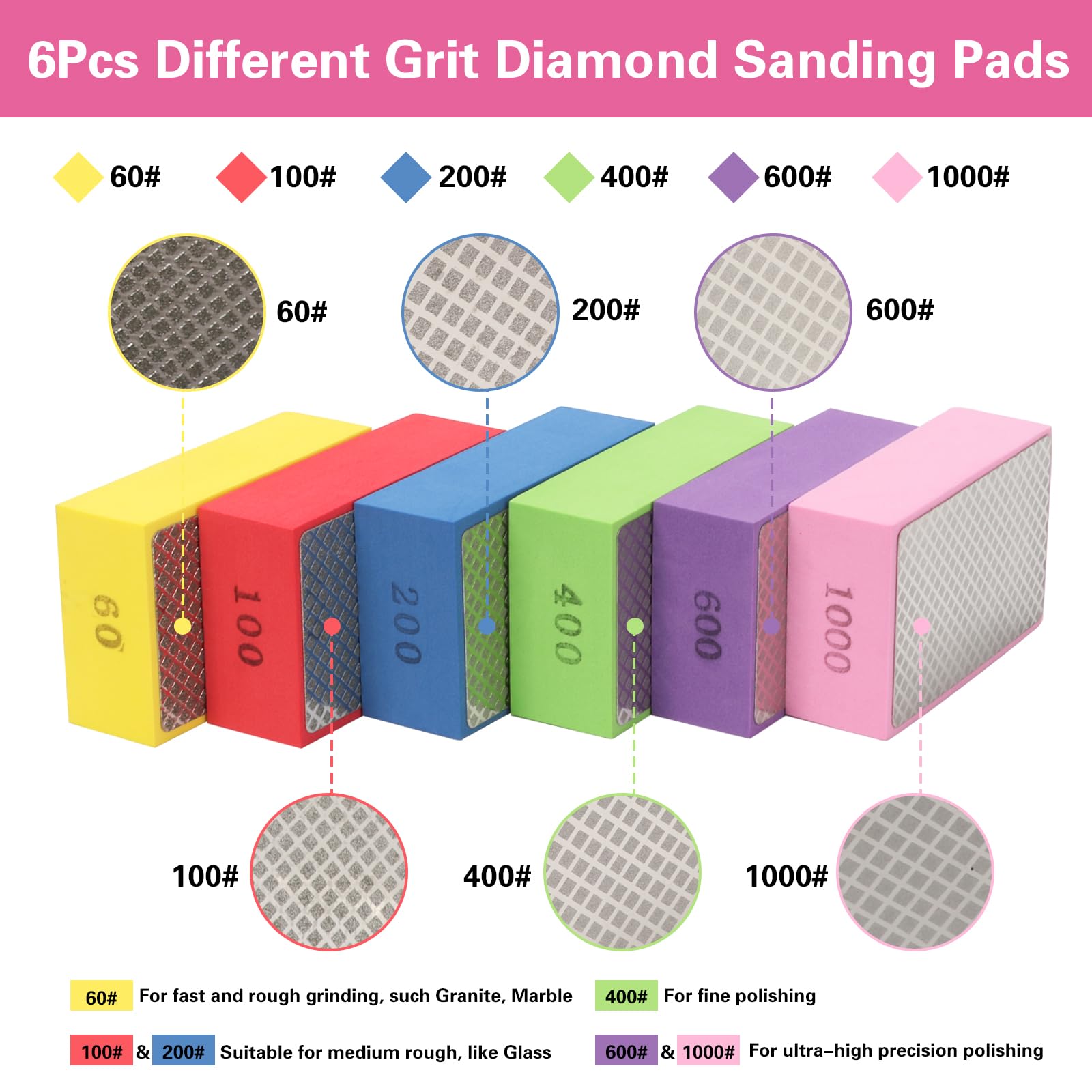 6Pcs Diamond Hand Polishing Pads, Wet & Dry Diamond Sanding Pads 60#, 100#, 200#, 400#, 600# - Image 4
