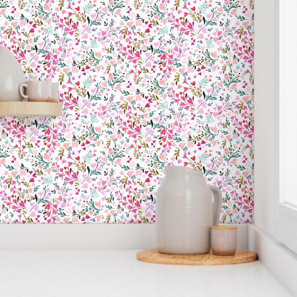 Peel & Stick Wallpaper 3ft x 2ft - Heart Floral White Flower Hearts Sweet Valentines Day Baby Girl Decor Love Custom Removable Wallpaper by Spoonflower