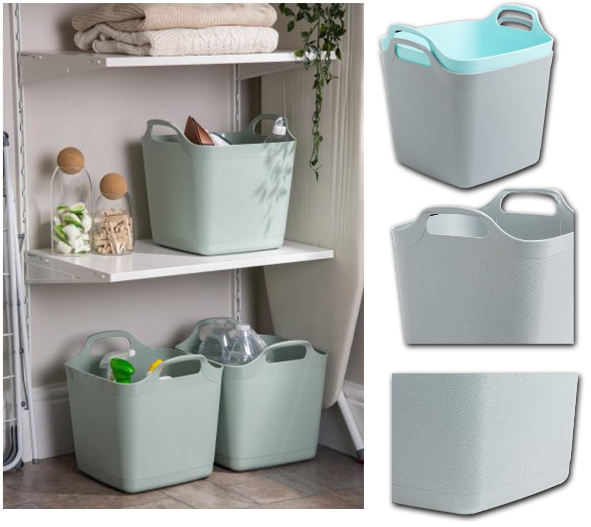 AQS INTERNATIONALPlastic Square Flexi Tubs - Laundry Storage Bucket, Garden Lightweight Tub, Durable Trug Washing Baskets, Container With Handles Plastic Tubs (2x Assorted Bakset, 15L Storage Tub)