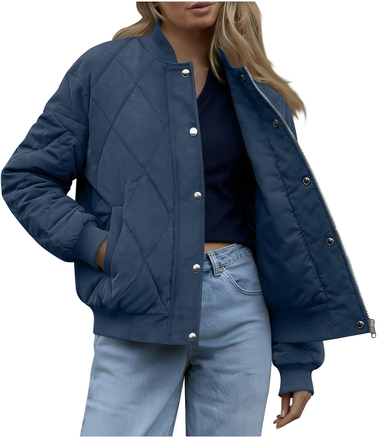 Stand Neck Quilted Jackets for Women:Fashion Button Down Zip Up Winter Puffer Coats with Pockets Hiking Outdoor