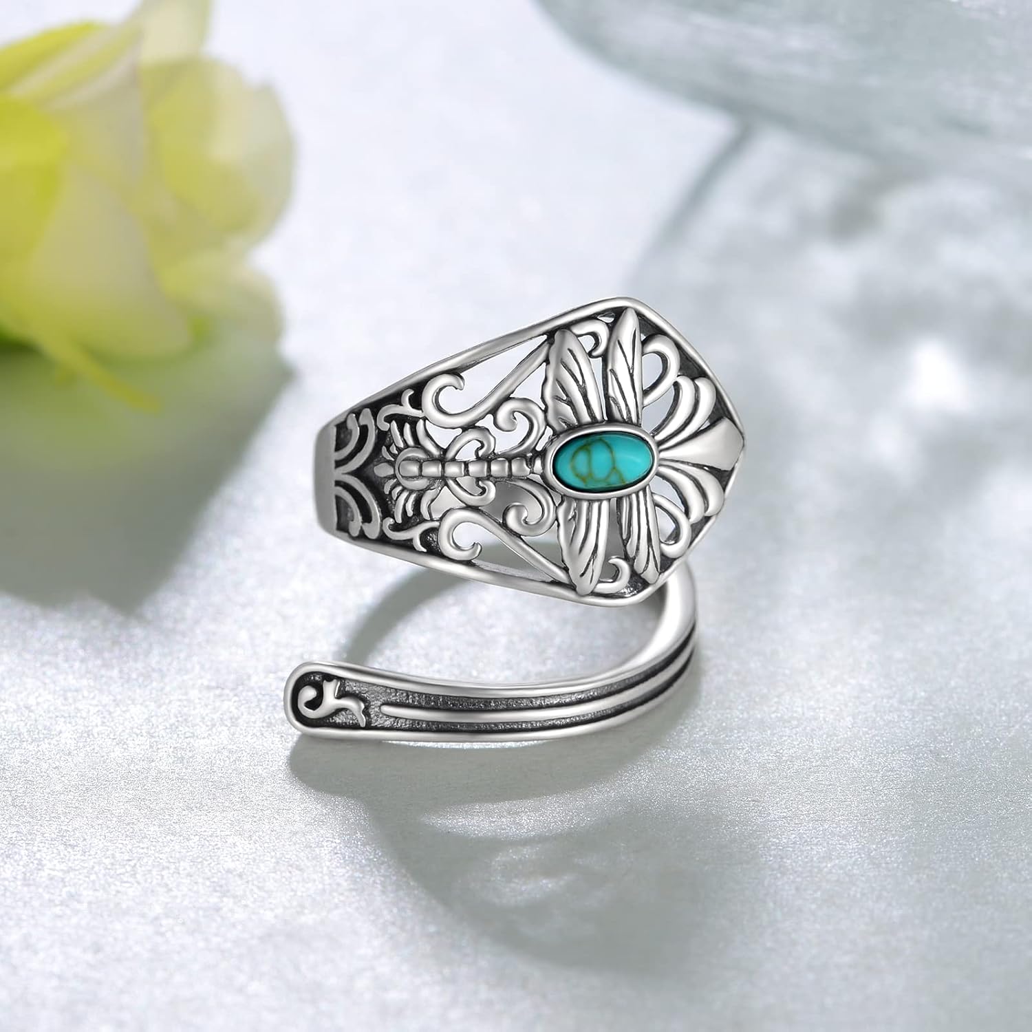 Dragonfly Rings for Women - 925 Sterling Silver Large Dragon Fly Adjustable Turquoise Spoon Rings - Western Jewelry - Dragonfly Gifts for Mom Wife Best Friend or Her Size: 6-9 - Image 3