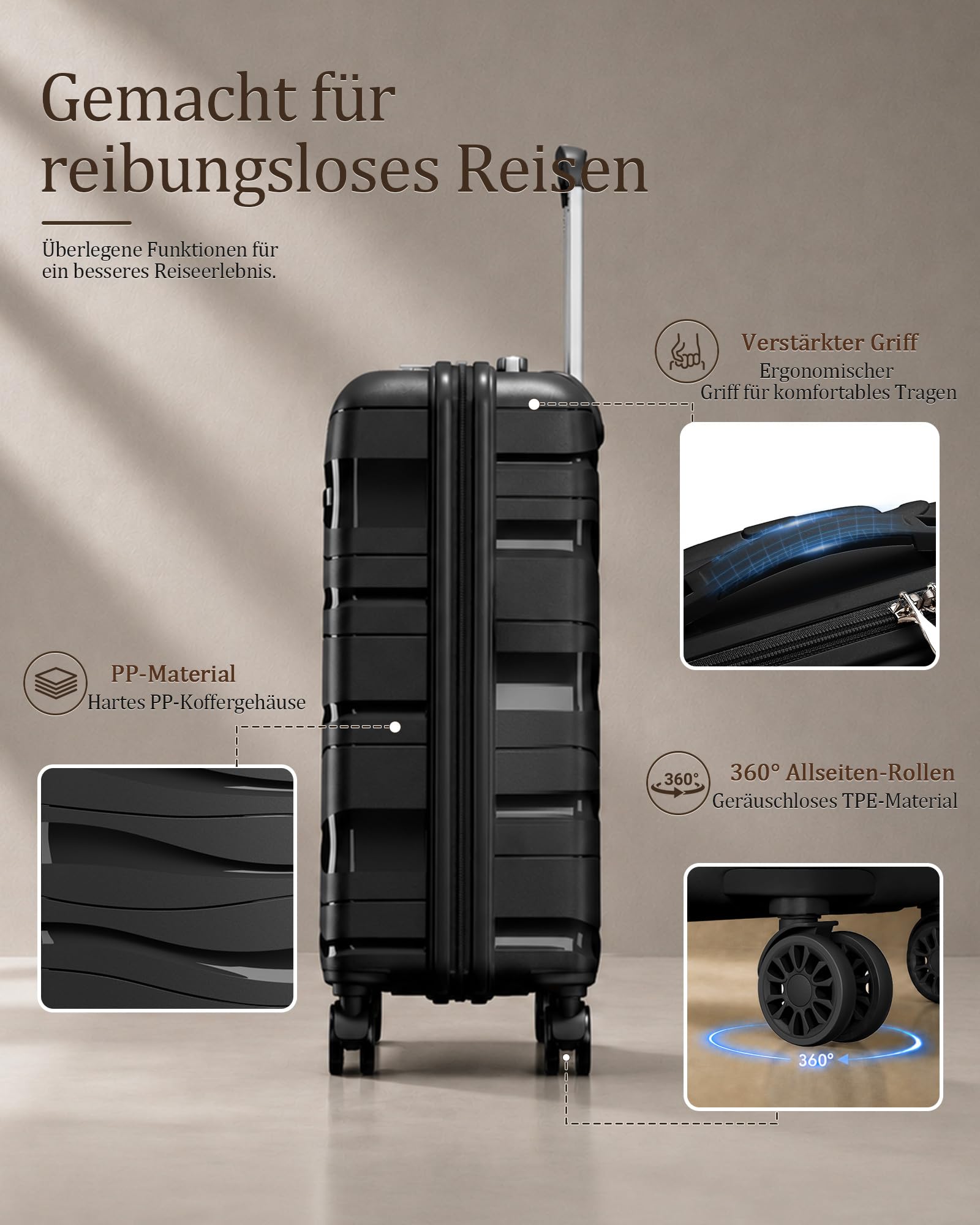 KONO Gepäckset 2-teilig Handgepäck Koffer Trolley 55cm + Kosmetikkoffer aus Polypropylen Hartschale, Koffer mit 4 Rollen und TSA Schloss (Schwarz)