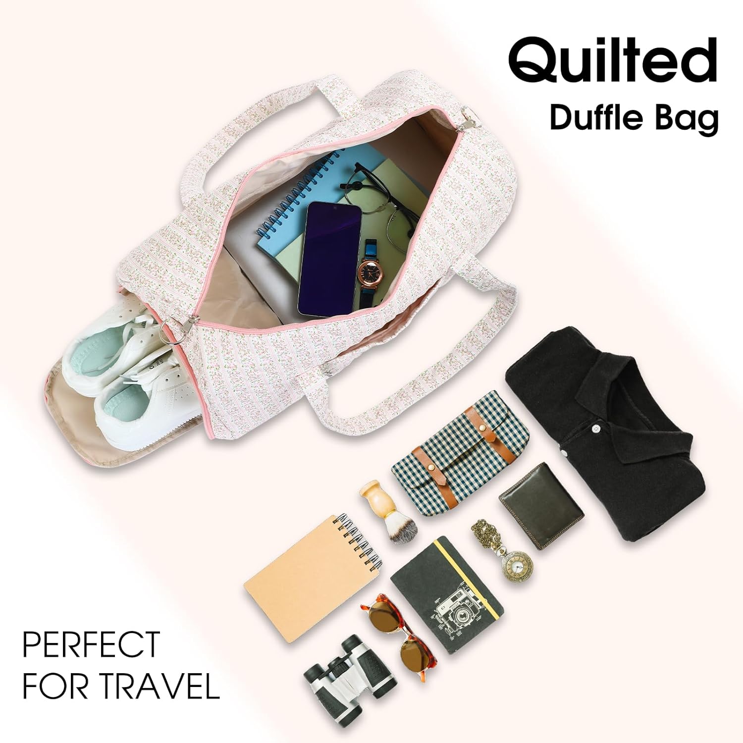 Duffle Bag, Gym Bag for Women, Quilted Duffle Bags, Travel Large Capacity Floral Weekender Bags with Shoe Compartment - Image 5