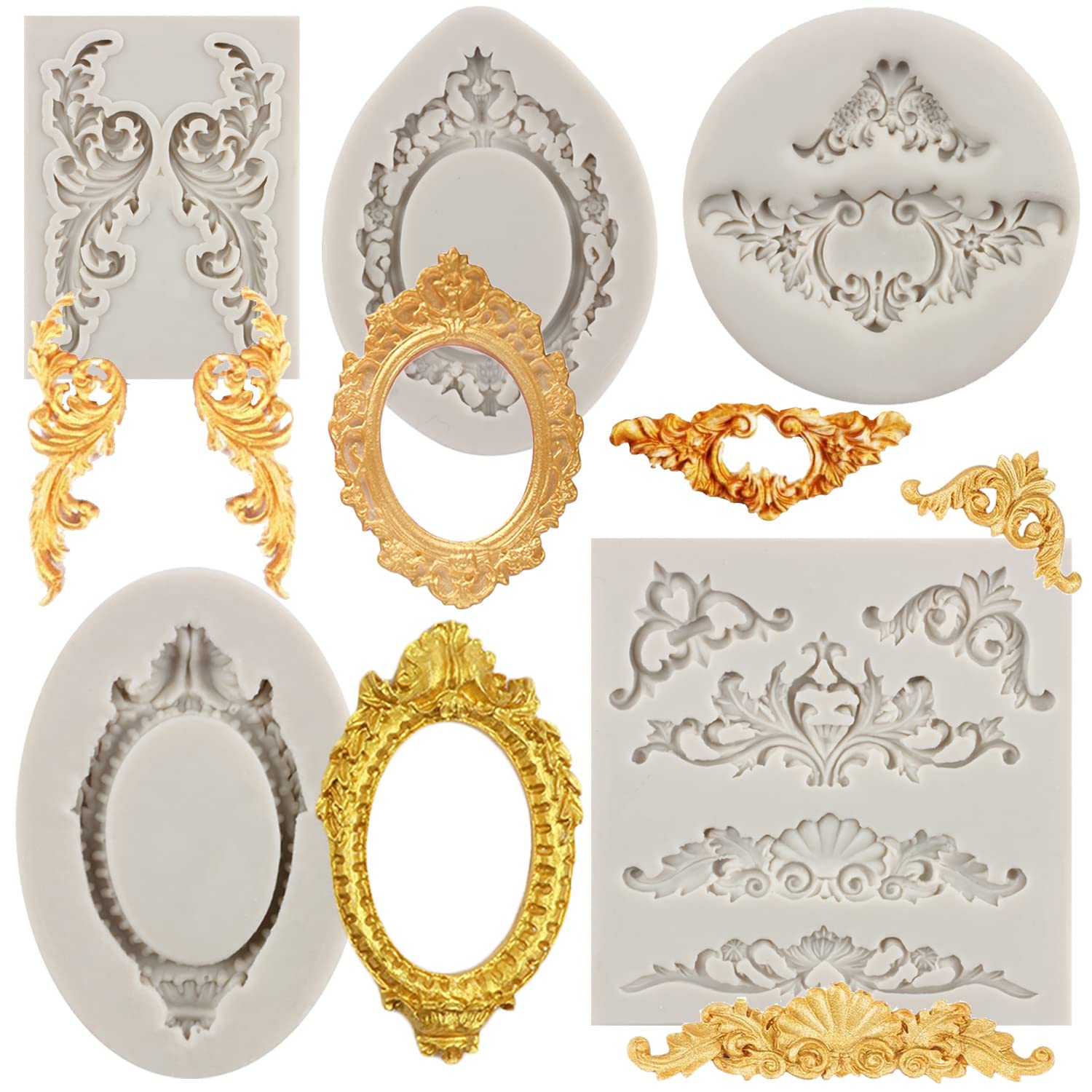 TEYOULIN Baroque Photo Frame Silicone Molds Curlicues Scroll Lace Fondant Molds Relief Flower Mold Filigree Mold For Cake Decorating Cupcake Topper Candy Chocolate Gum Paste Polymer Clay Set Of 5