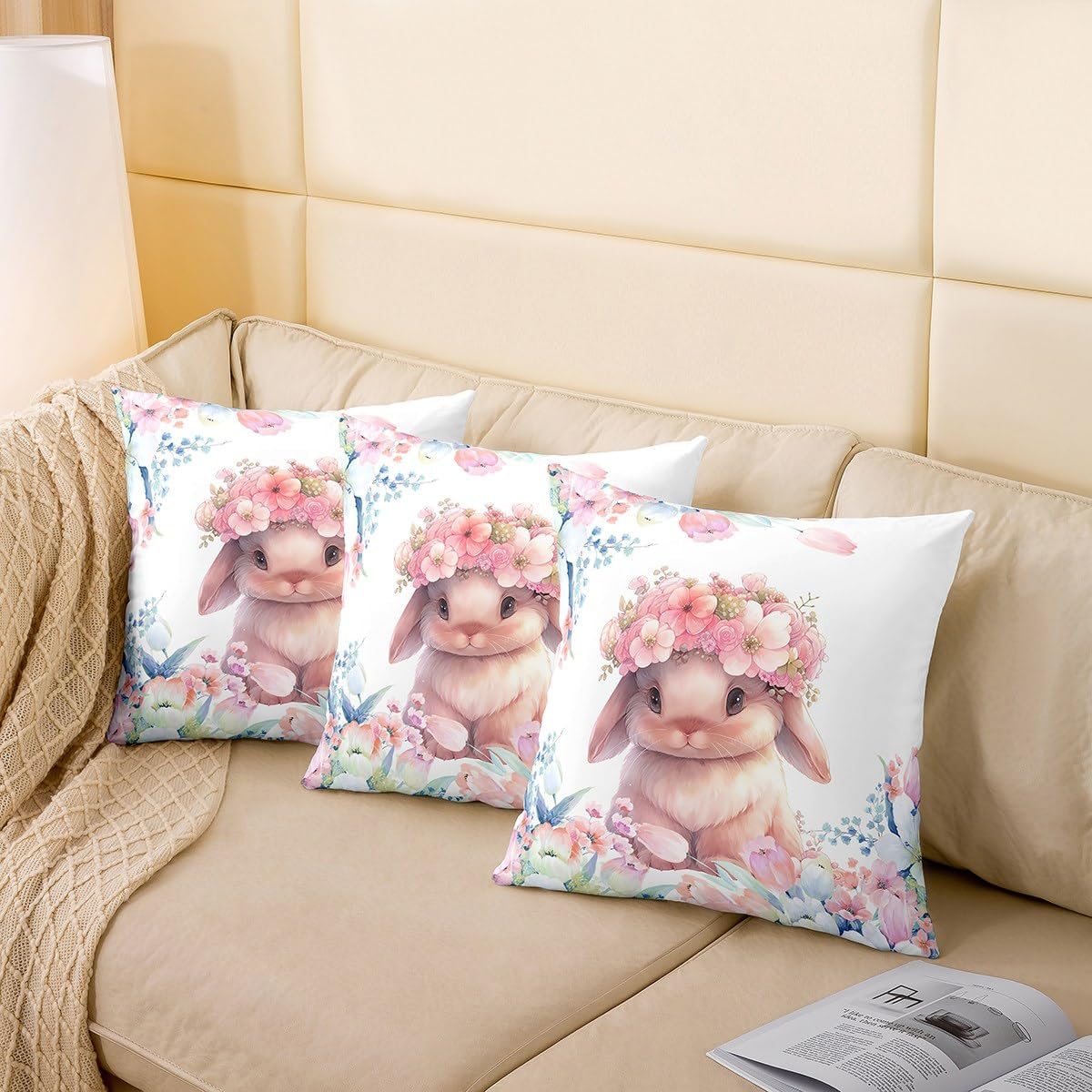 Feelyou Cute Rabbit Throw Pillow Covers 24"x24" Set of 2 Cartoon Bunny Animal Decorative Pillowcase for Sofa Bed Chair Flower Floral Print Cushion Cover Farm Zoo Garden Theme Outdoor Pillows Covers