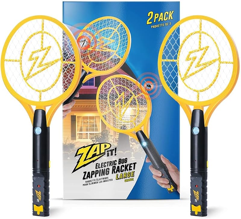 ZAP IT! Rechargeable Electric Fly Swatter Racket with Blue Light Attractant - 4,000-Volt Mosquito Zapper with USB Charging Cable and LED Light -Medium- Safe 3-Layer Mesh, Yellow, for Indoors/Outdoors | Electric Fly Swatter Racket, High Voltage Bug Zapper, USB Rechargeable, LED Lighting Feature