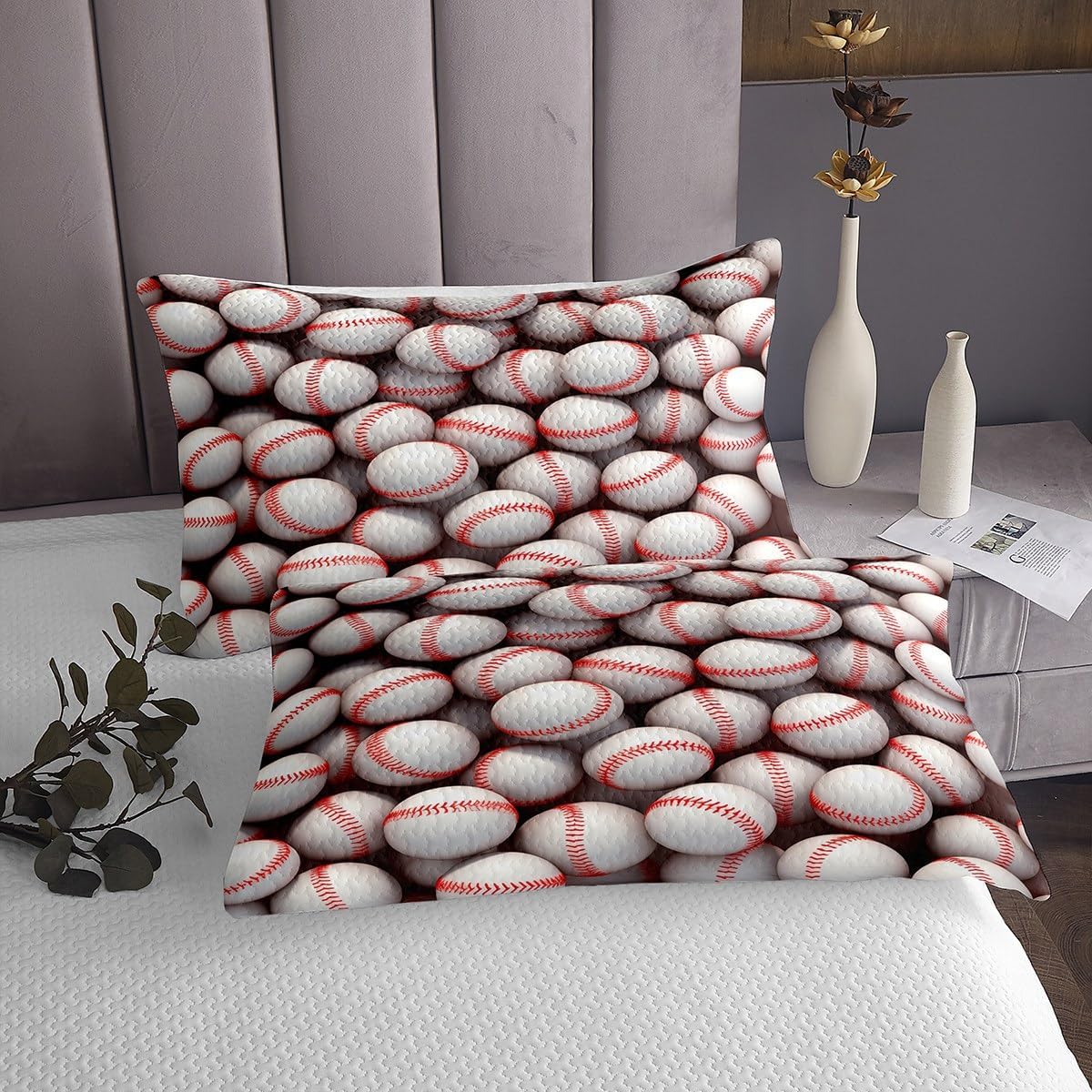 Homewish Baseball Bedspread Twin Size,Ball Sports Game Theme Bedding Set for Kids Boys Girls Room Decor,Soft Microfiber Lightweight Coverlet Set,White Red Baseballl Modern Quilt 2Pcs,1 Pillowcase