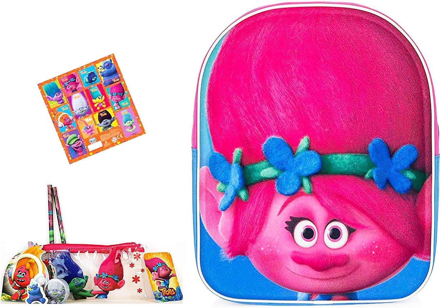 Super Trolls Set - Poppy 3D Children's Rucksack Kita Bag Approx. 25 x 31 x 10 cm + 6 Pieces Trolls Pencil Case + 12 Trolls Stickers