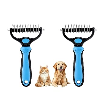 Dematting Comb for Dogs and Cats, Undercoat Rake Pet Brush for Long Hair, Deshedding Dog Brush Removes Tangles Knots and Loose Fur, Grooming Tool for Thick Coats Blue L*2