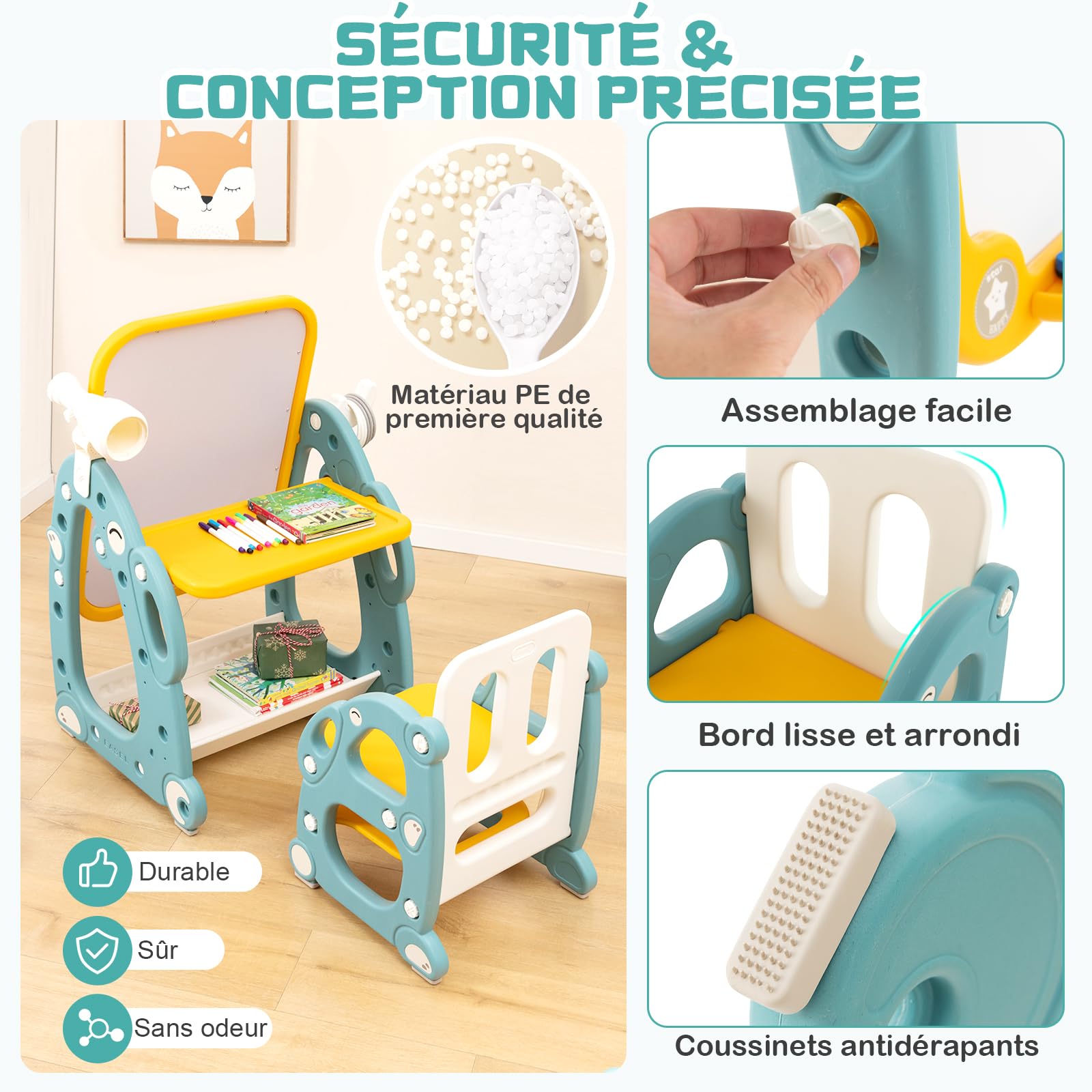 GOPLUS 4 en 1 Tableau Enfant avec Chaise, Table Enfant Tableau Blanc Magnétique Réglable avec Banc avec Télescope,Lancer d'Anneaux, Effaçable à Sec et Marqueurs 1-8 Ans