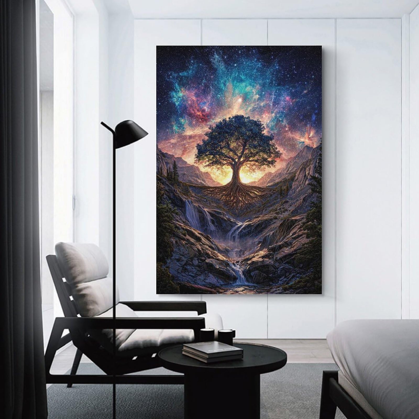 Junmoney Cosmic Tree of Life Waterfall Landscape Wall Decor Canvas Print, 20x30inch(50x75cm), for Home Lounge, Bedroom Or Reading Nook, Decorative Artwork for Empty Walls