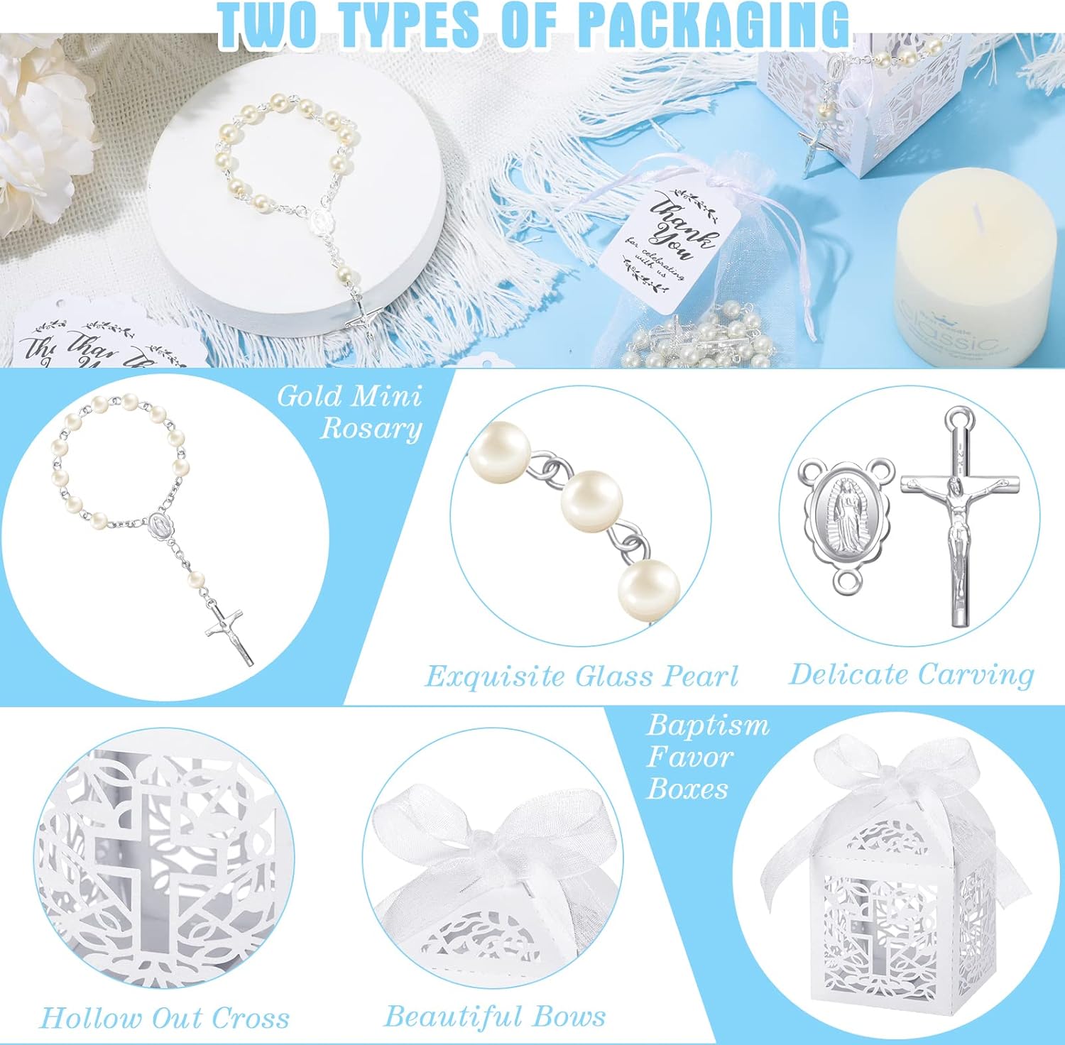 MTLEE 100 Pieces Baptism Favors Set Includes Mini Rosary Baptism Favors Boxes White Organza Bags with Drawstring Thank Tags for Christening Weddings Christian Party - Image 3