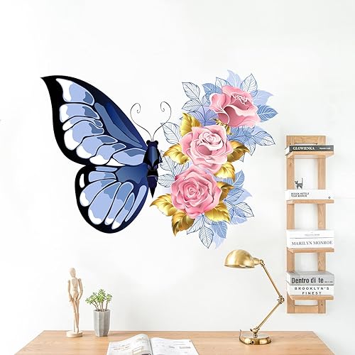 Adhesivo de pared con diseño de mariposa y rosa, calcomanías de pared de flores azules para sala de estar, dormitorio, vinilo extraíble, calcomanías