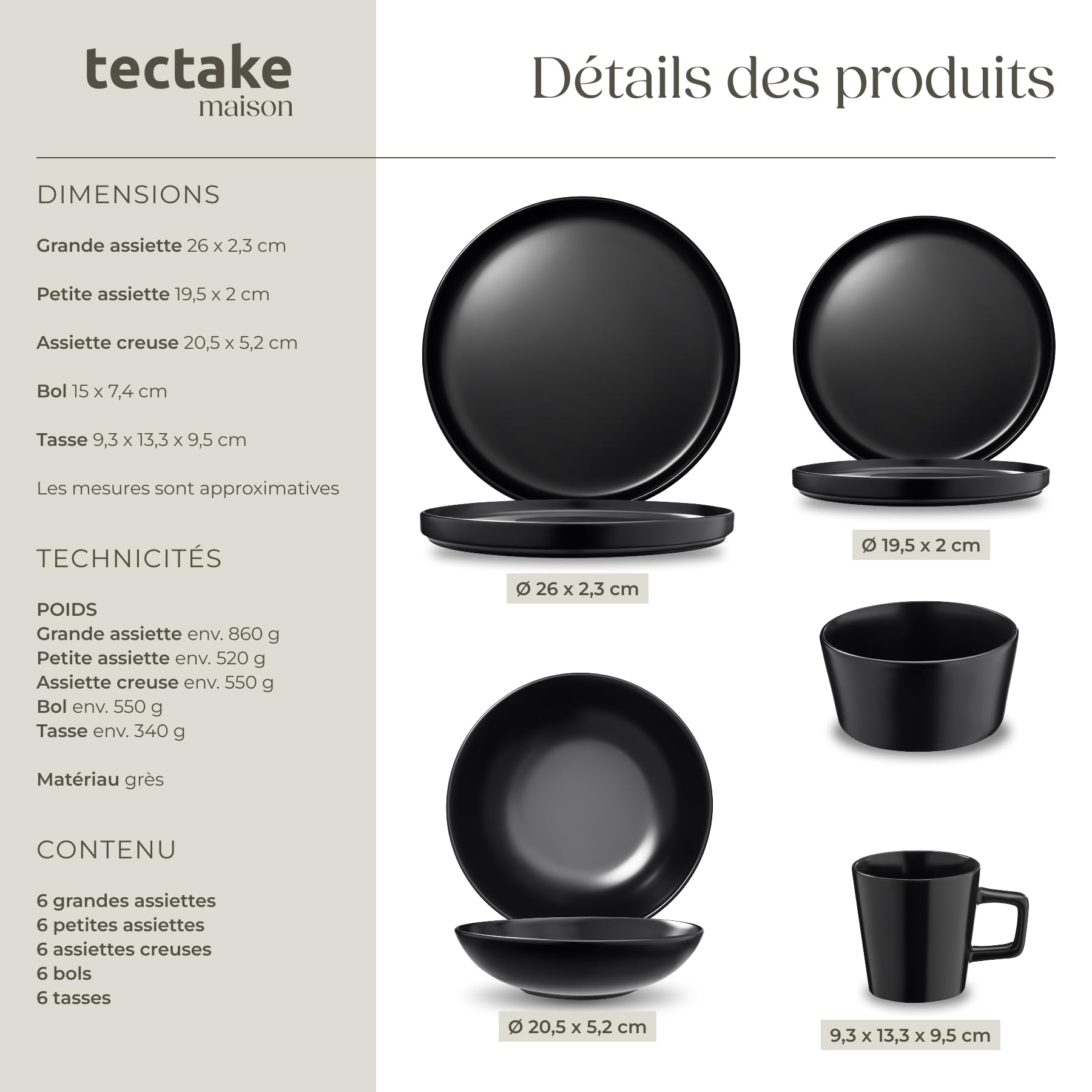 tectake® Set de cuisine 47 pièces, Service de table 6 personnes et Batterie de cuisine, Poêles Casseroles Service vaisselle Assiettes petites et grandes Assiettes creuses Bol Tasse Vaisselle en grès
