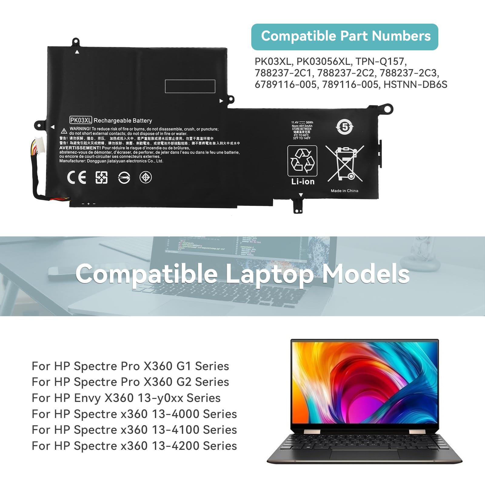 Vervangende Batterij PK03XL – 11,4V, 56Wh, 3 Cellen, Voor HP Spectre X360 En Envy 13